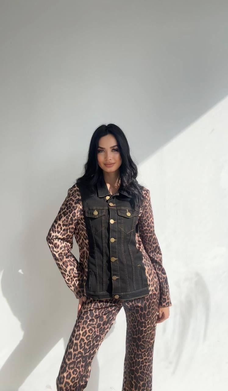 Leopar Detaylı Kot Ceket