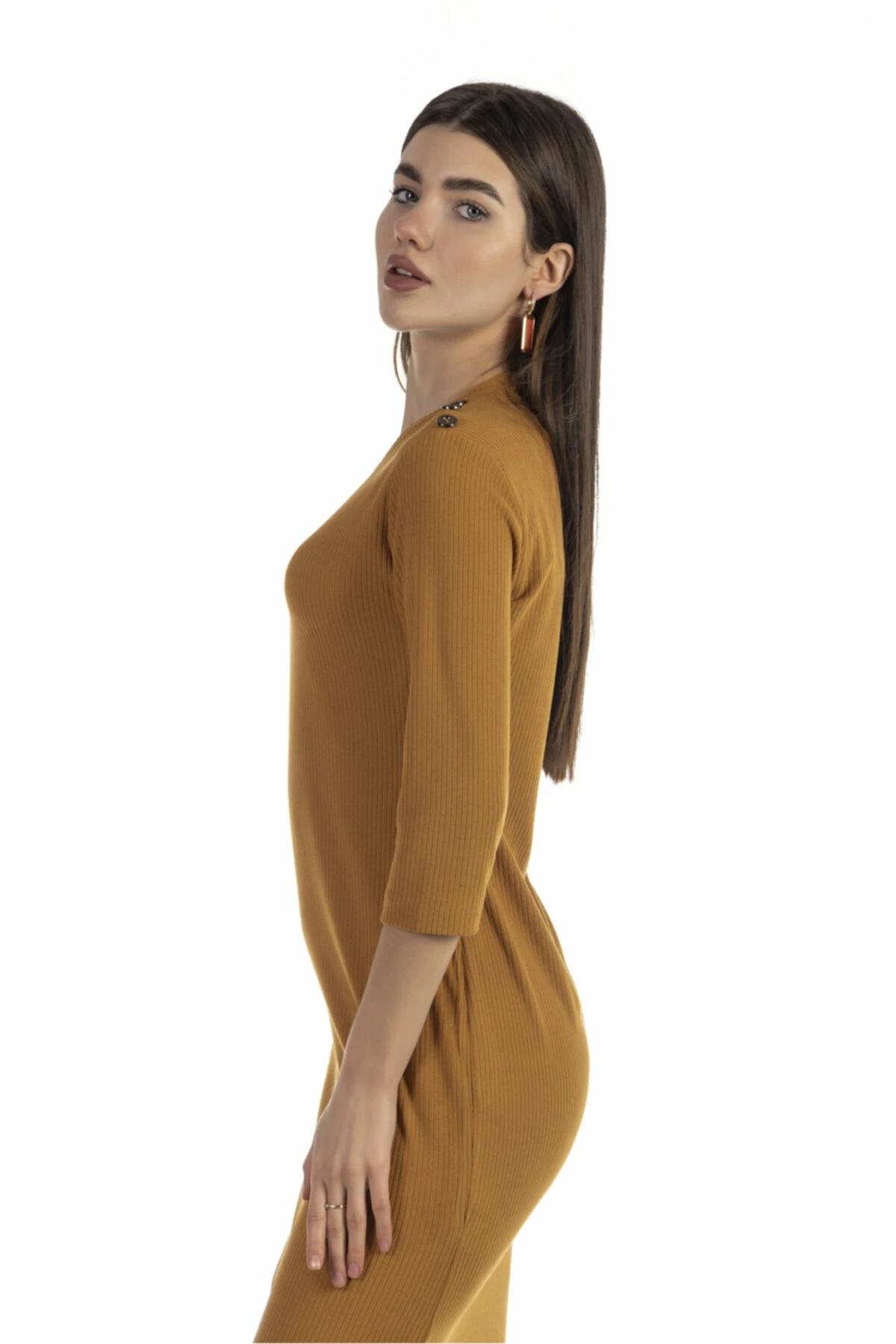 Düğme Detaylı Yırtmaçlı Triko Sarı Bodycon Elbise