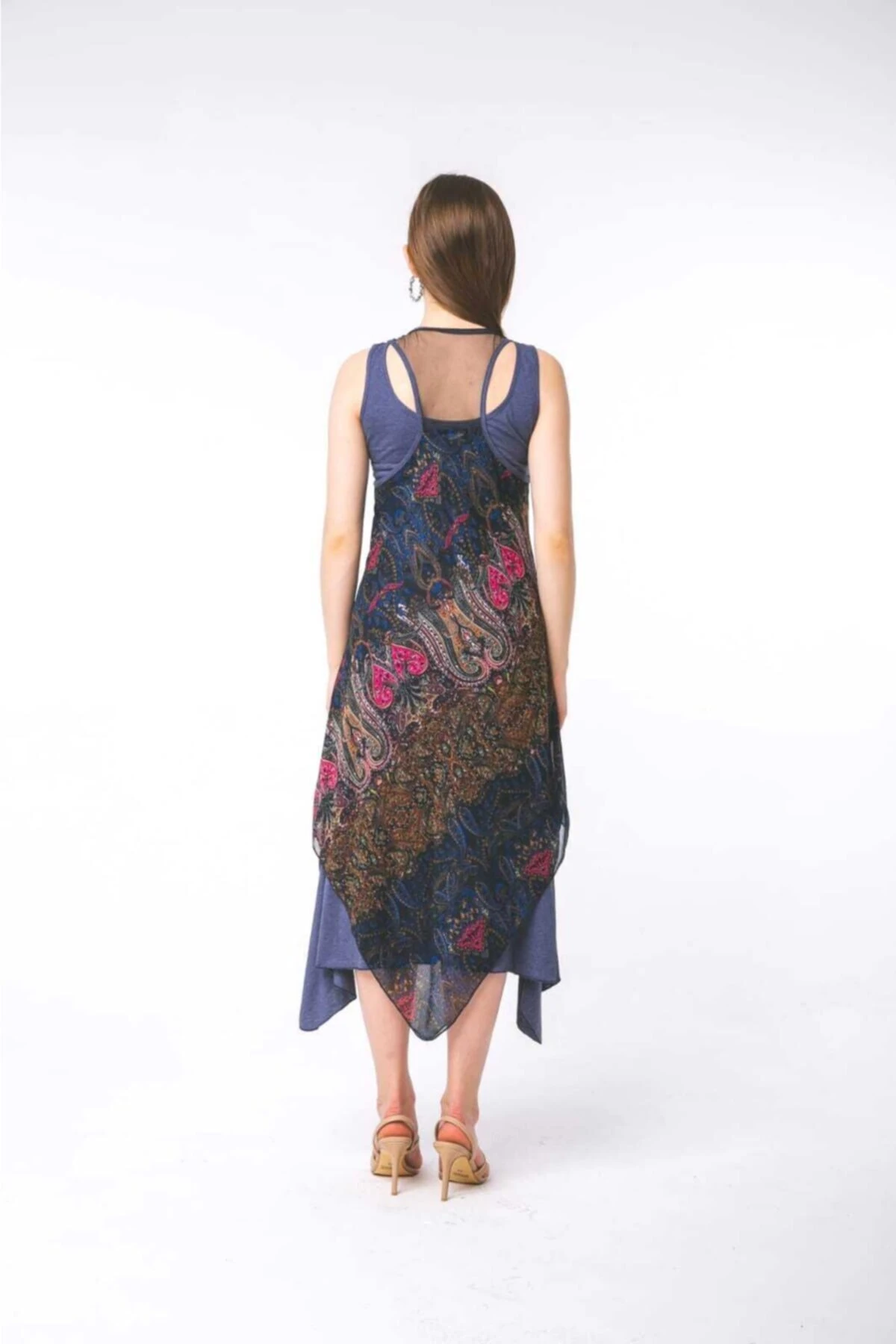 Etnik Desenli Ikili Asimetrik Elbise