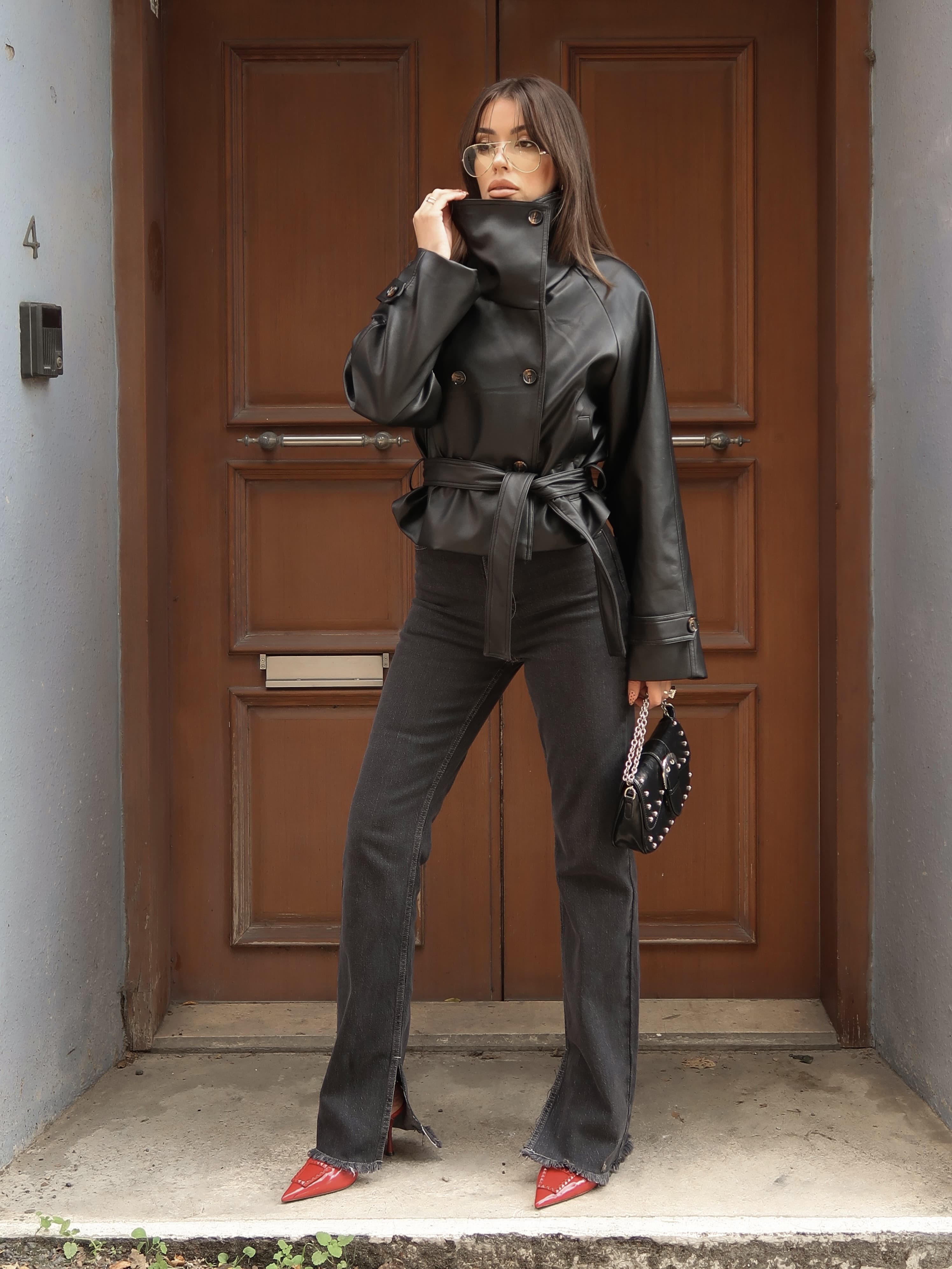 Samantha Deri Kısa Trençkot Siyah