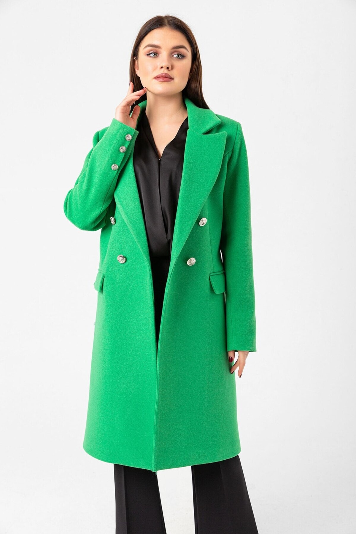 Düğmeli Kaşe Uzun Kaban