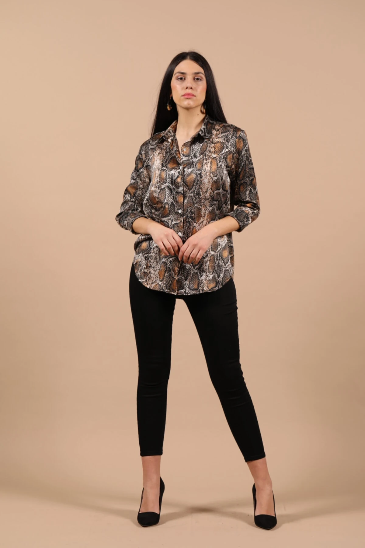 Kadın Kahverengi Yılan Desen Gömlek