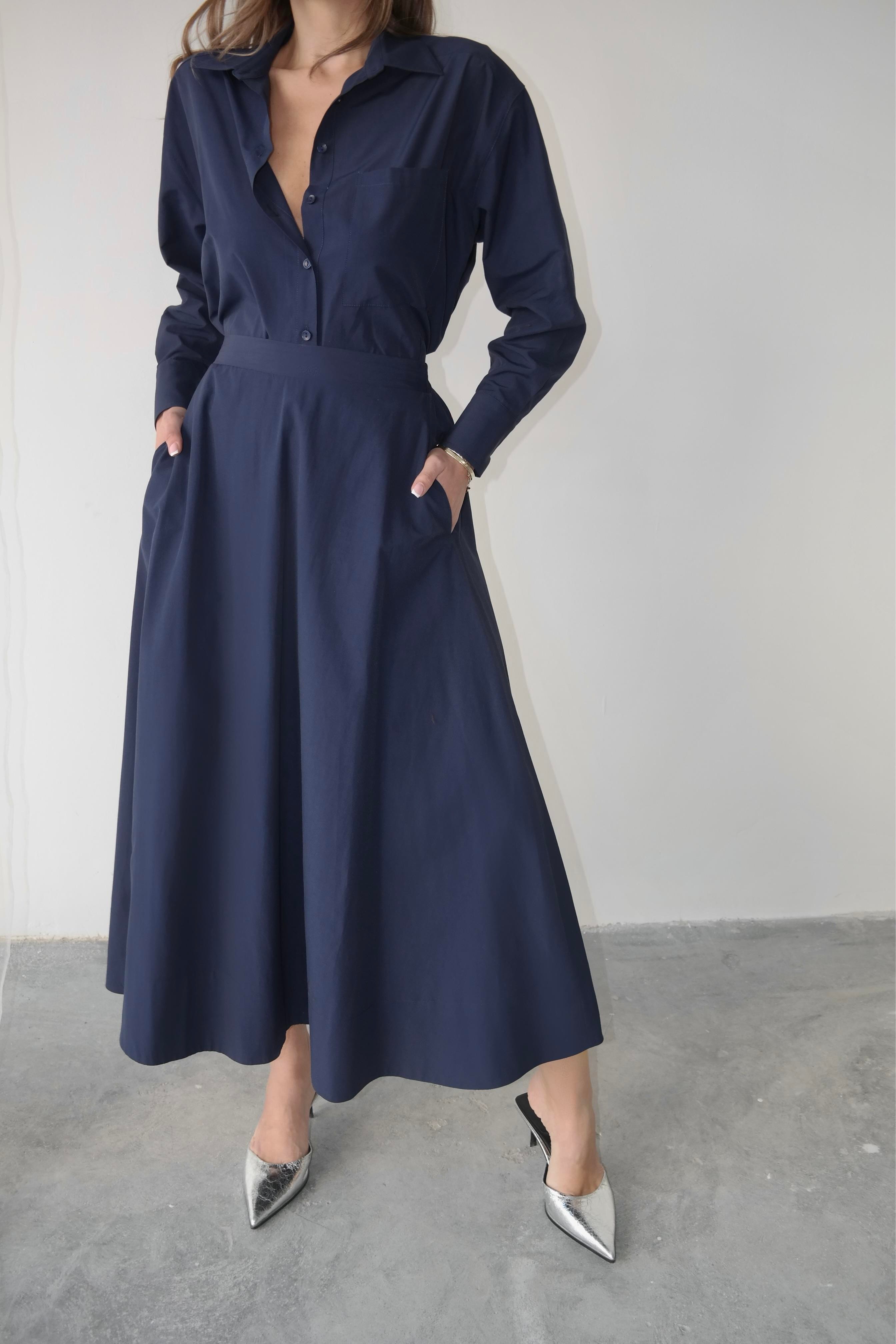 Oversize Düğmeli Kısa Gömlek Lacivert