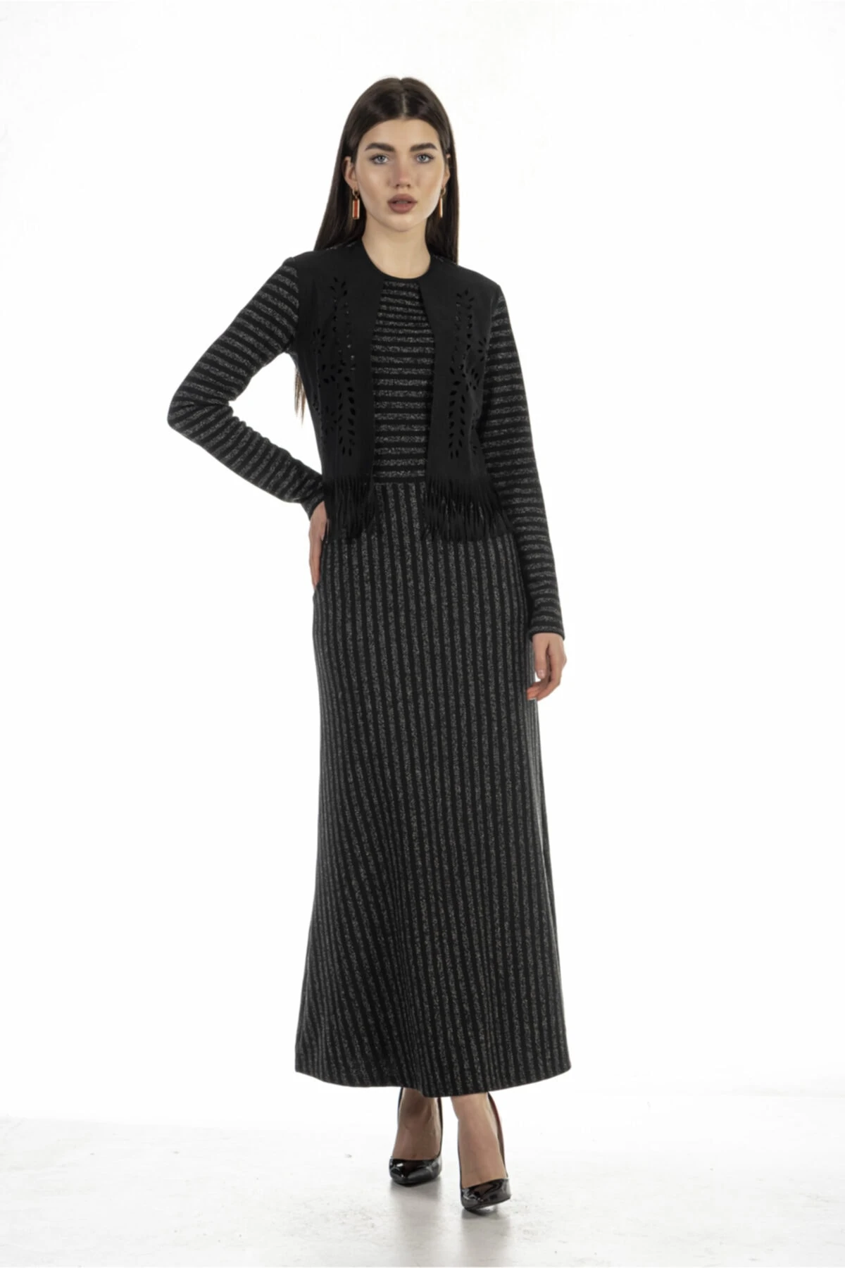 Kadın Çizgili Uzun Siyah Elbise