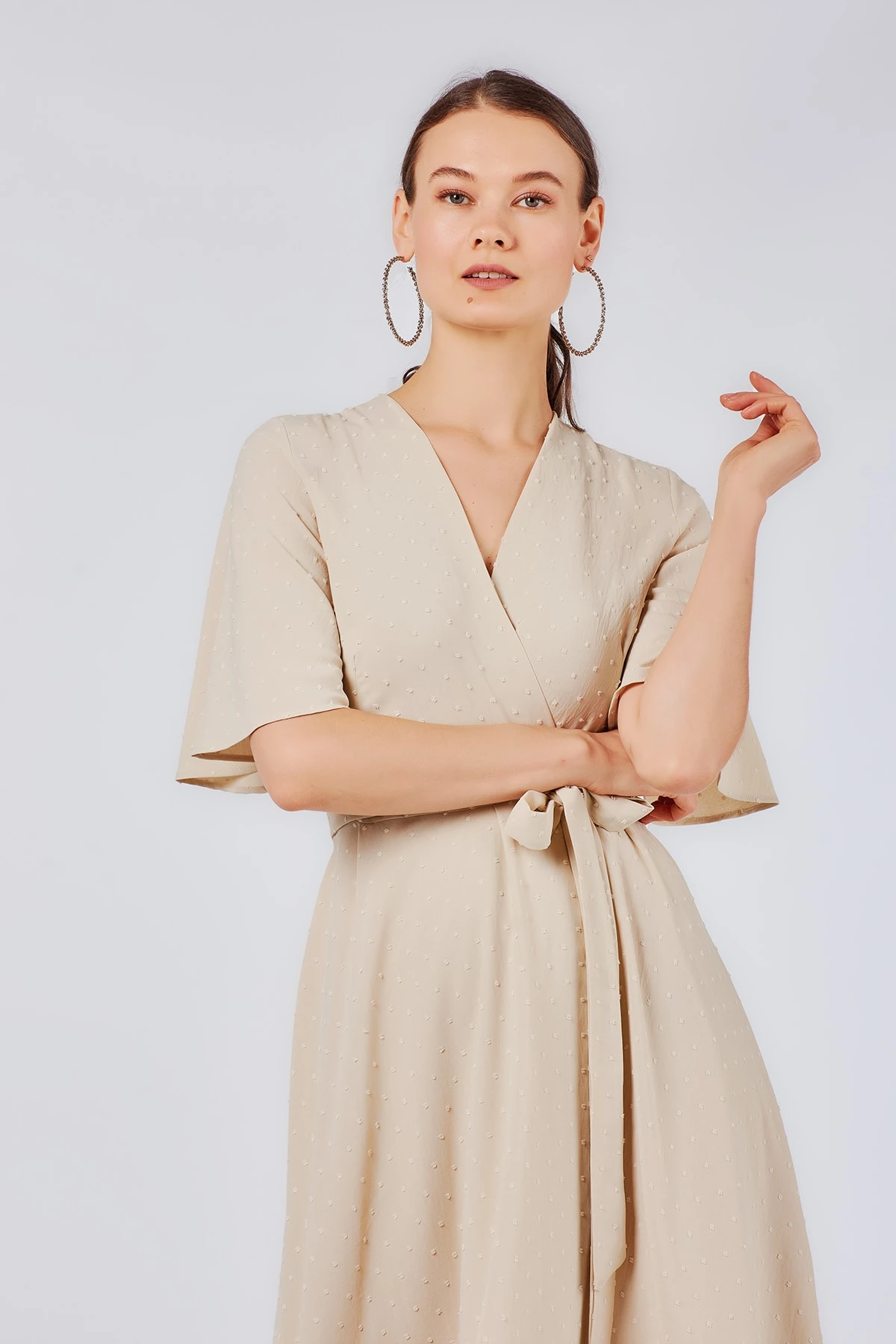 Kruvaze Midi Boy Bej Elbise