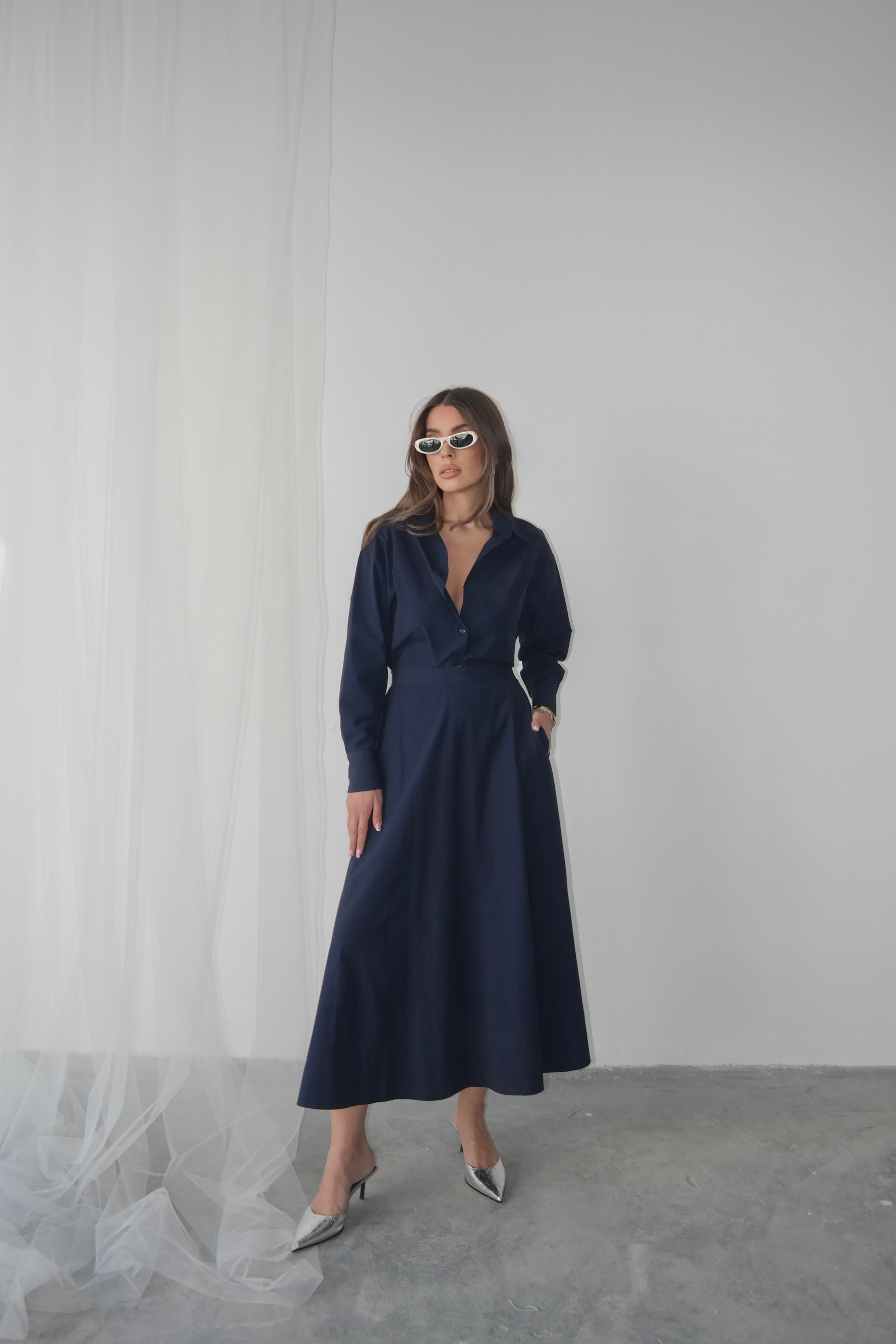 Oversize Düğmeli Kısa Gömlek Lacivert