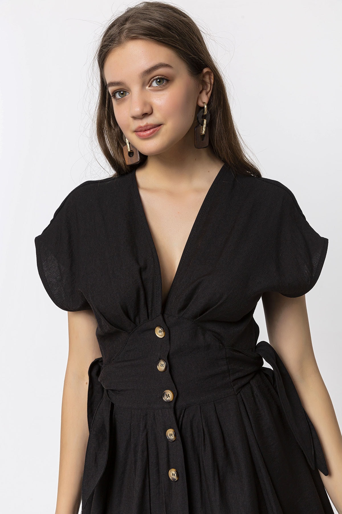 Düğmeli Midi Siyah Elbise