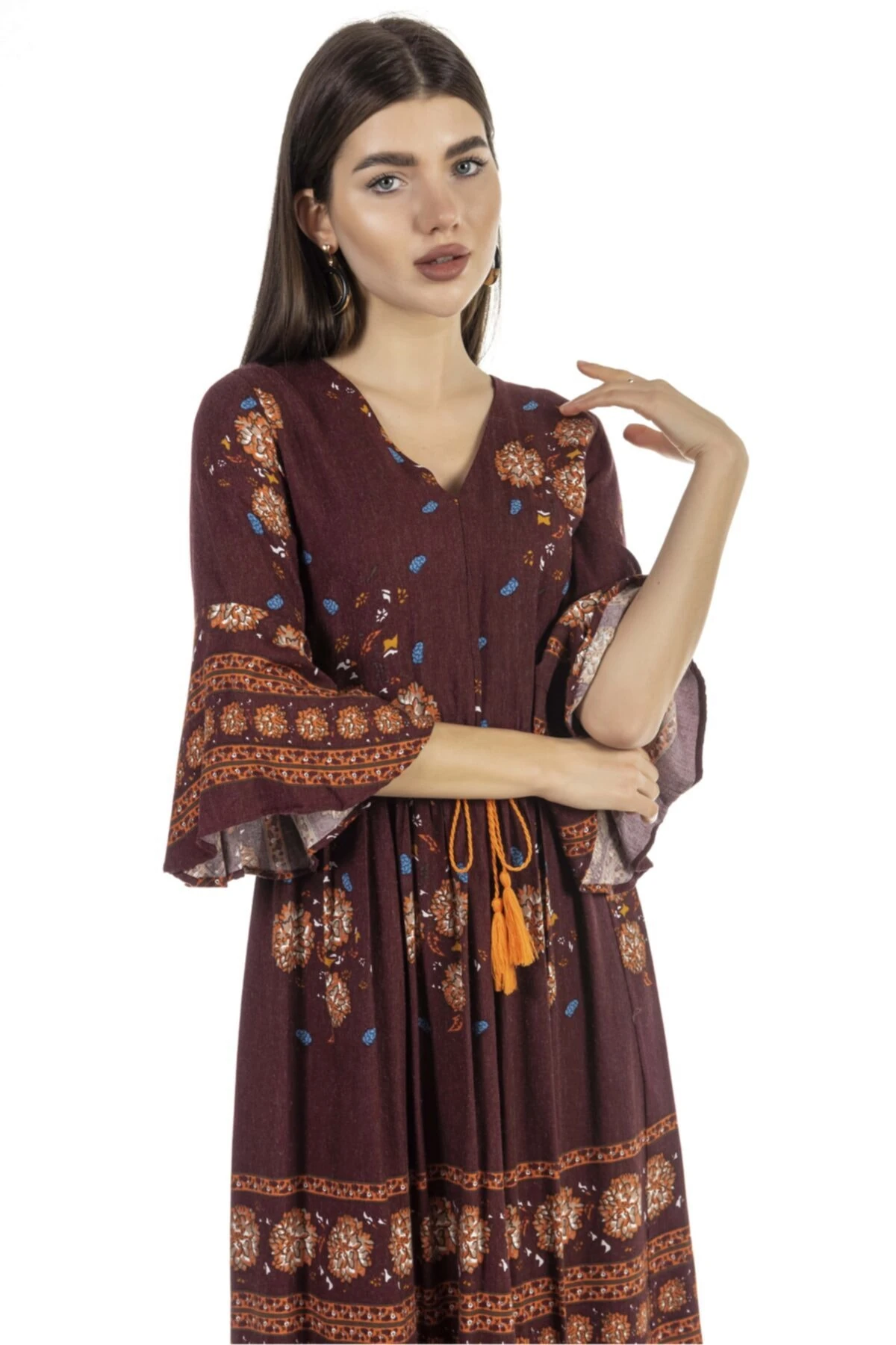 Çiçek Desenli Midi Boy Bordo Elbise