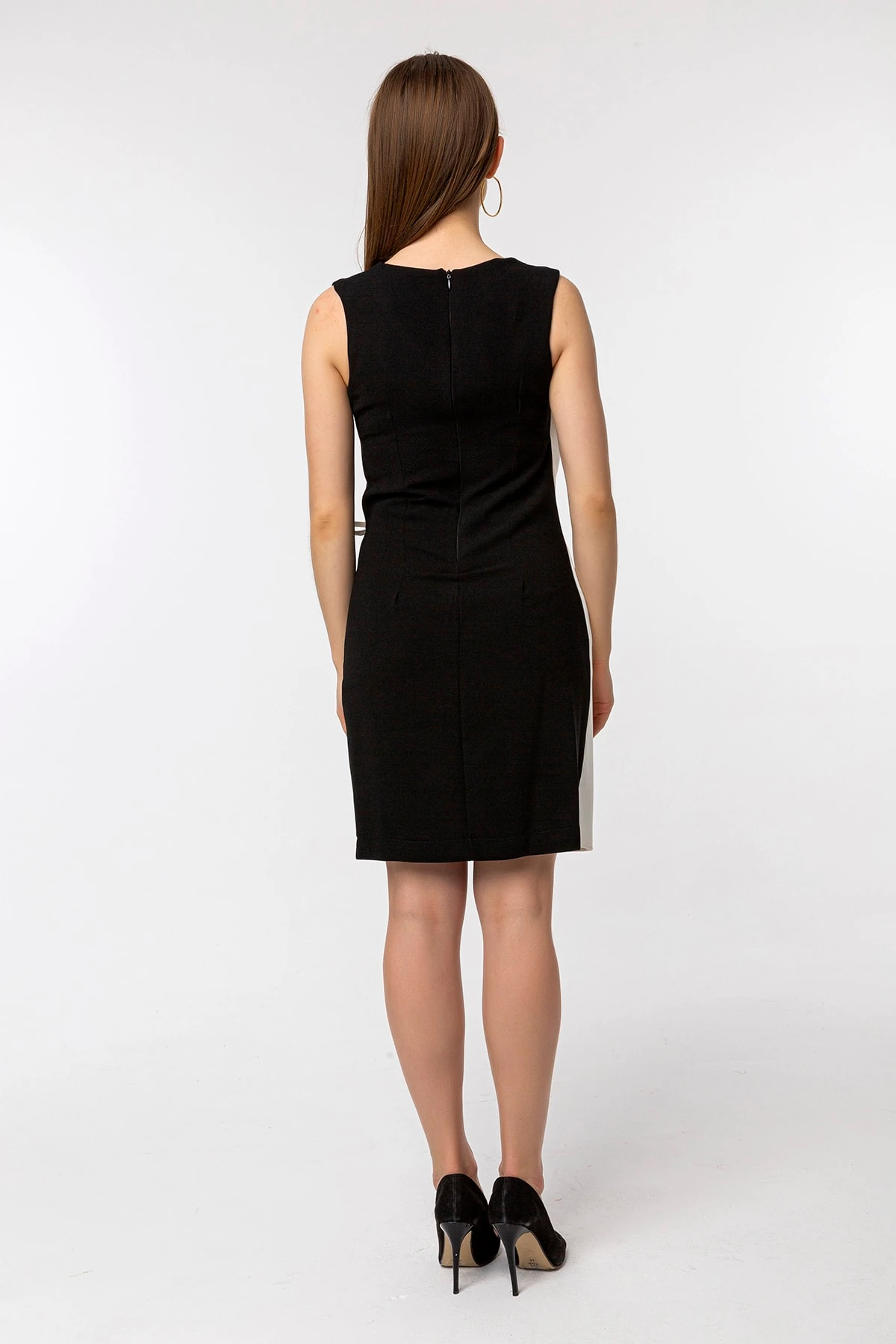 Kruvaze Yaka Siyah Beyaz Midi Boy Elbise