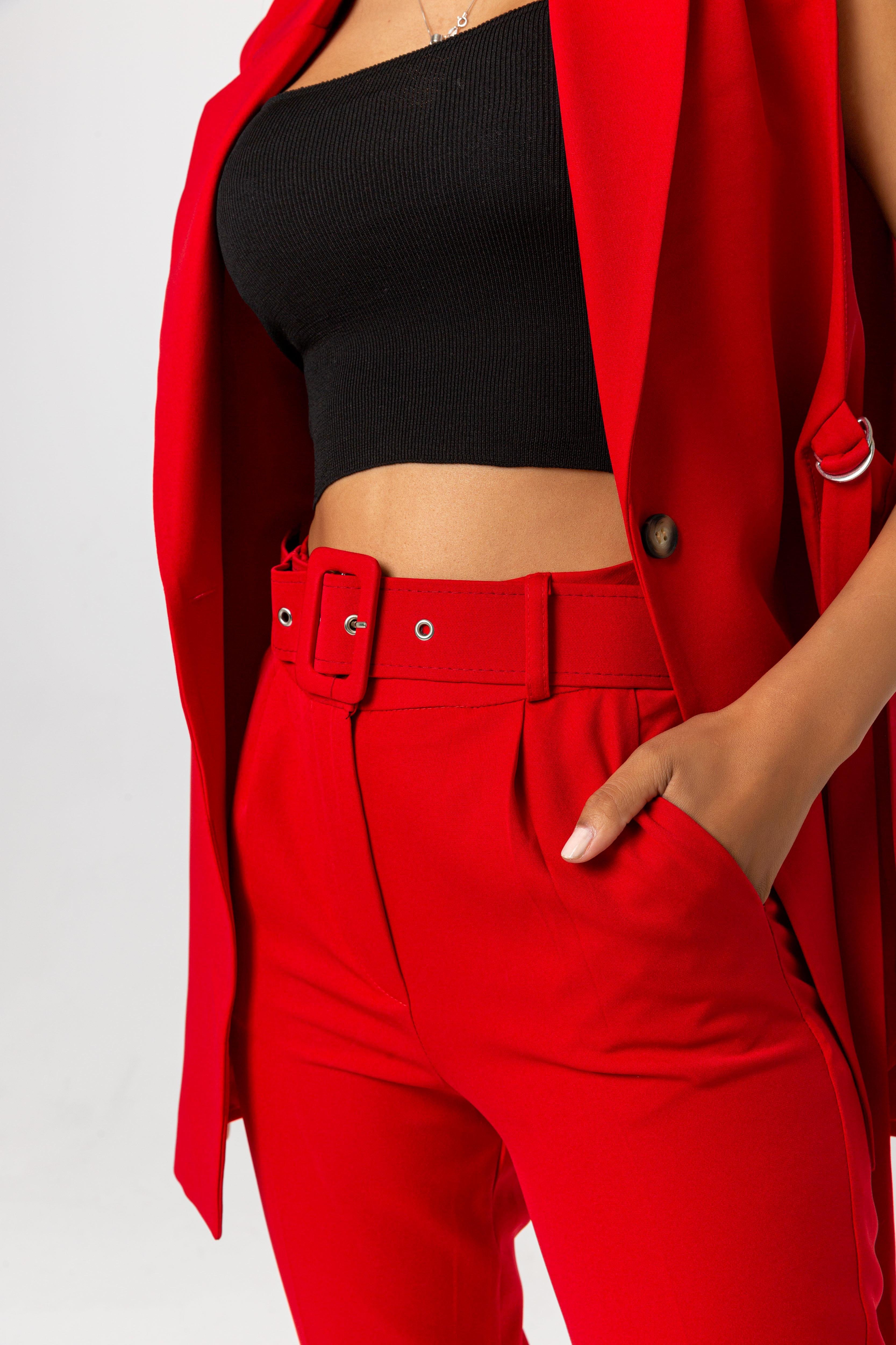 Modern Elegance Kemerli Kırmızı Pantolon
