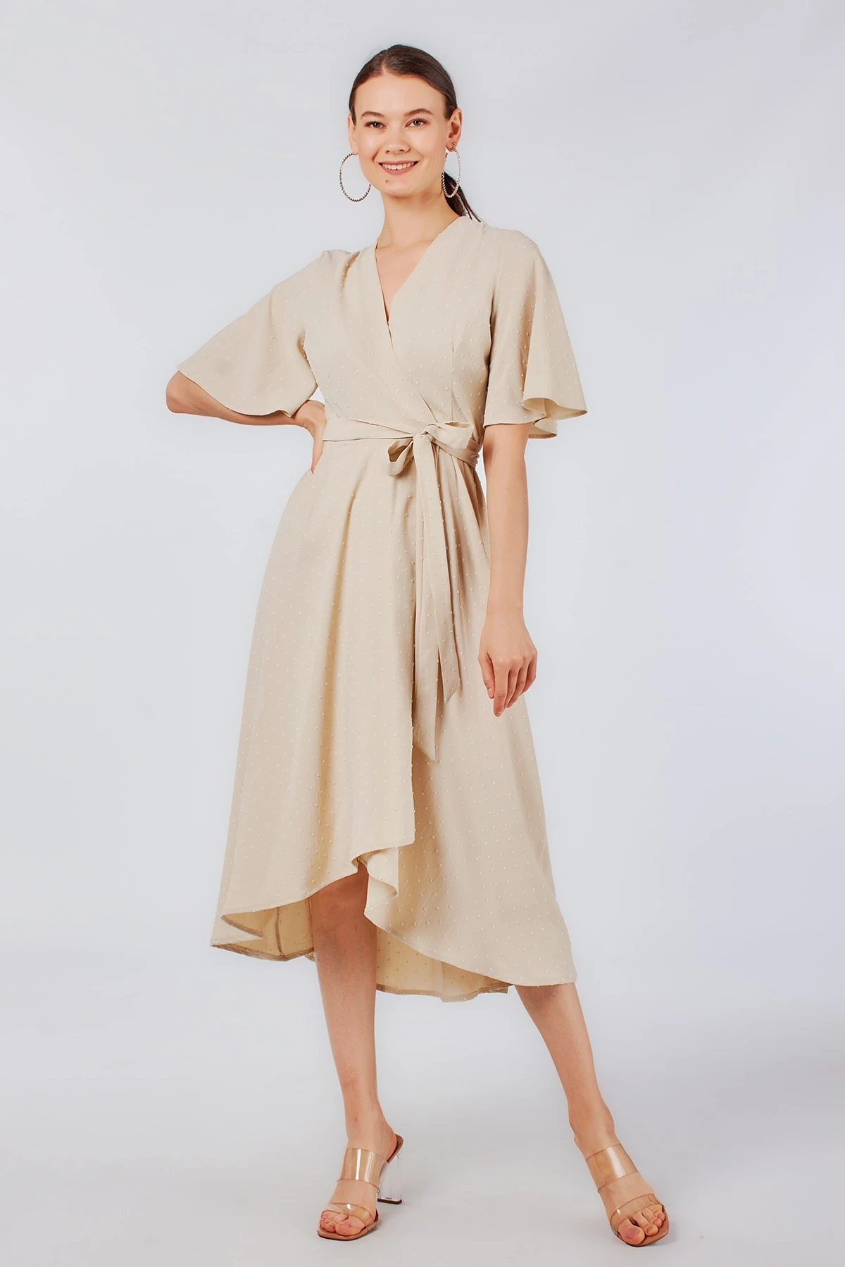 Kruvaze Midi Boy Bej Elbise