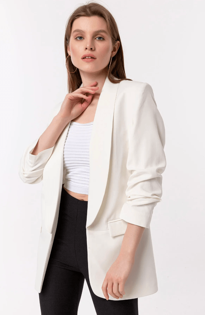 Mia Kolu Büzgülü Blazer Ceket Beyaz