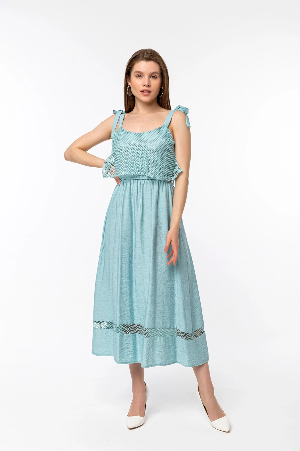 Asimetrik File Detaylı Degaje Yaka Mint Yeşili Askılı Elbise