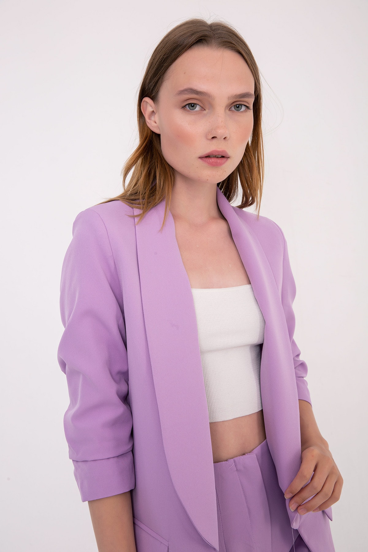 Mia Kolu Büzgülü Blazer Ceket Lila