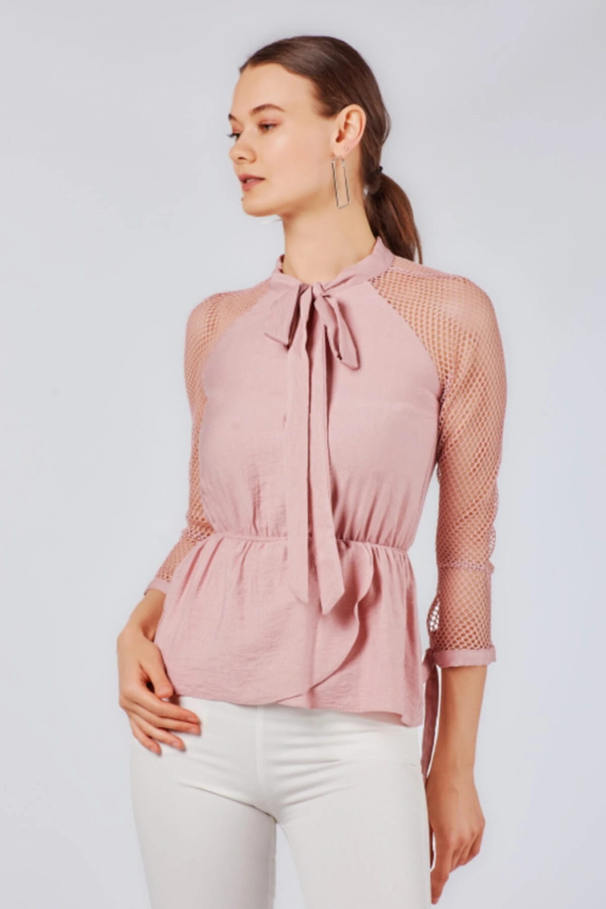 Kadın Pembe Omuzu Fileli Bluz