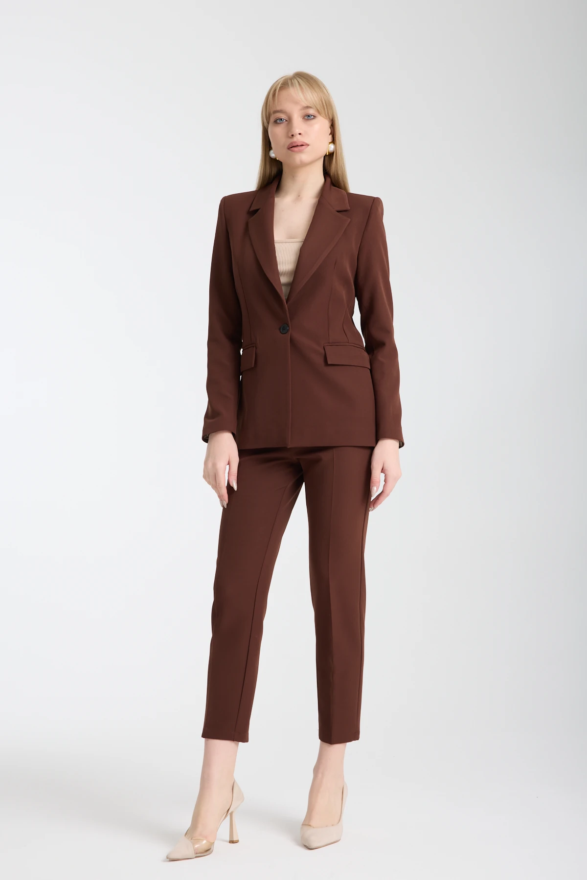 Yüksek Bel Sahte Cepli Kahverengi Pantolon