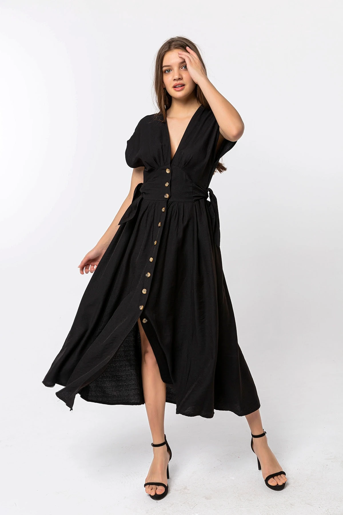 Düğmeli Midi Siyah Elbise