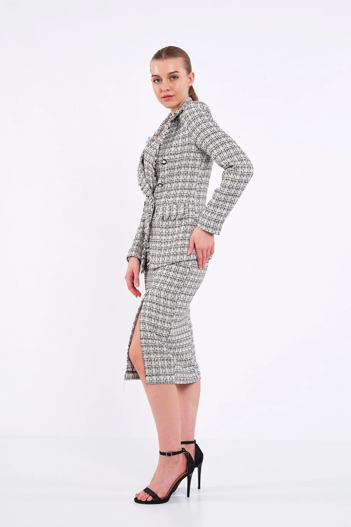 Ekose Simli Ekru Blazer Ceket