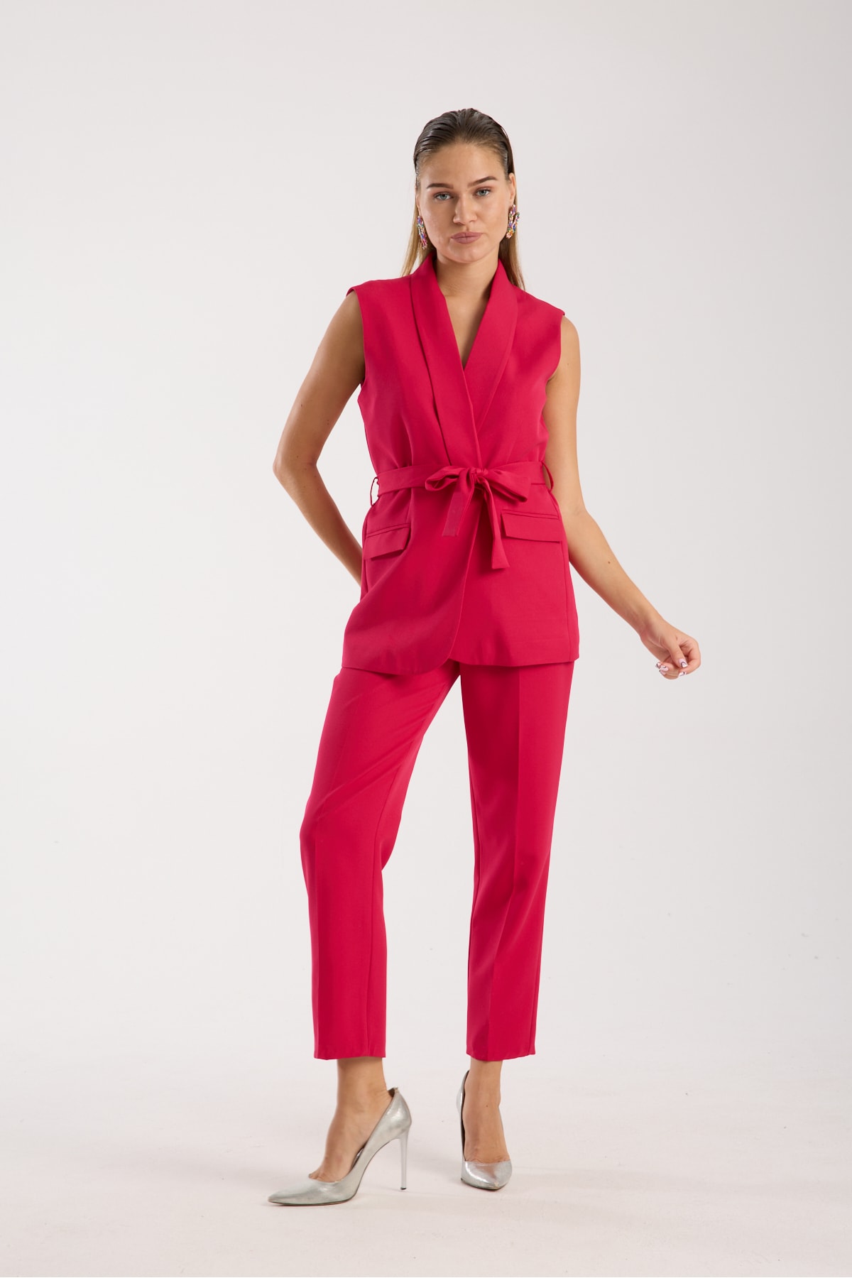 Violet Kuşaklı Yelek Ve Yüksek Bel Pantolon Takım