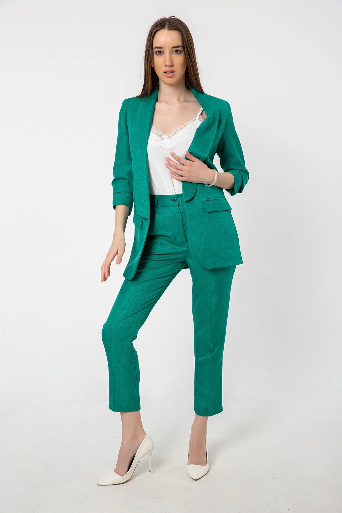 Kolu Büzgülü Keten Ceket