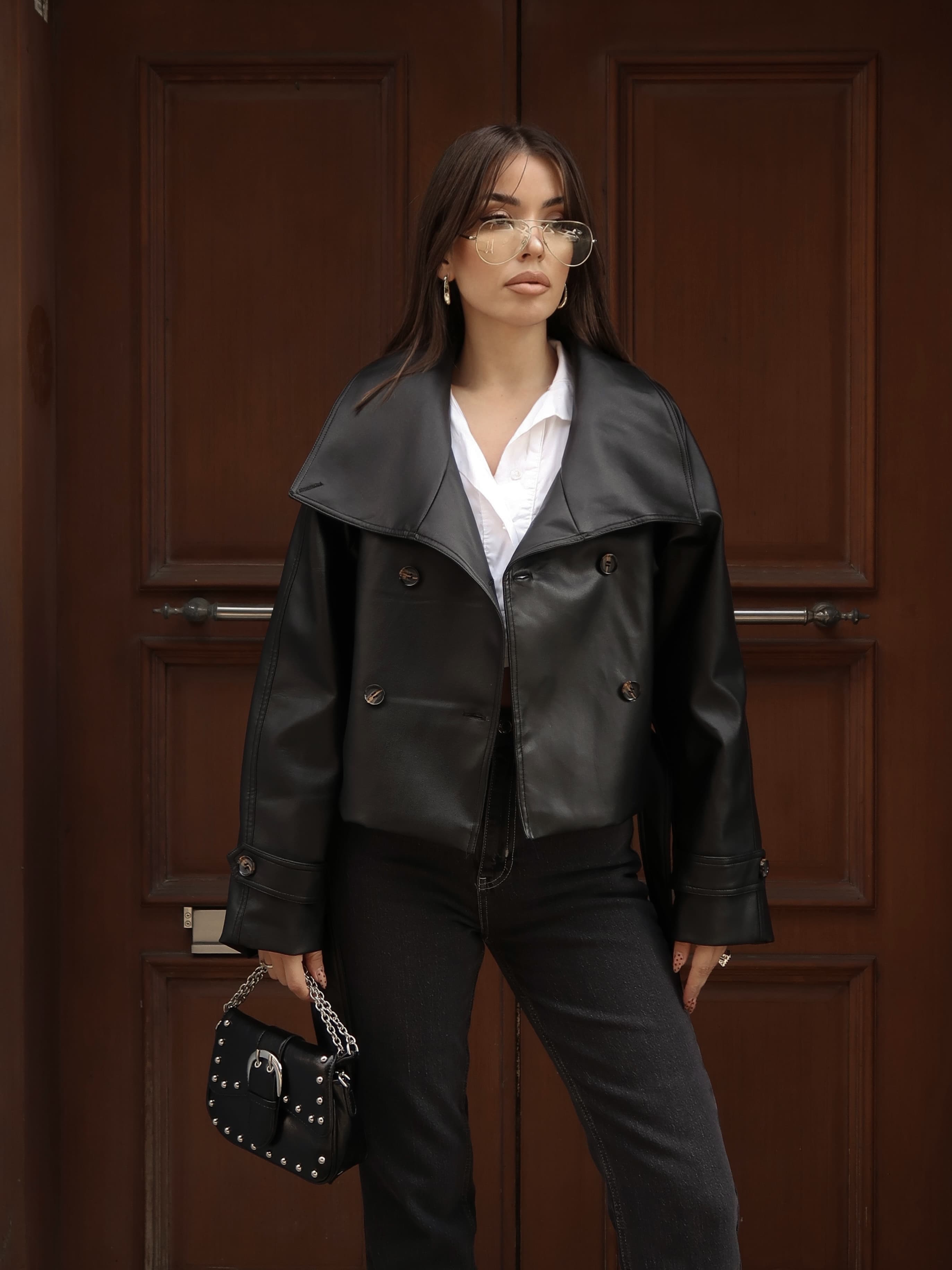 Samantha Deri Kısa Trençkot Siyah