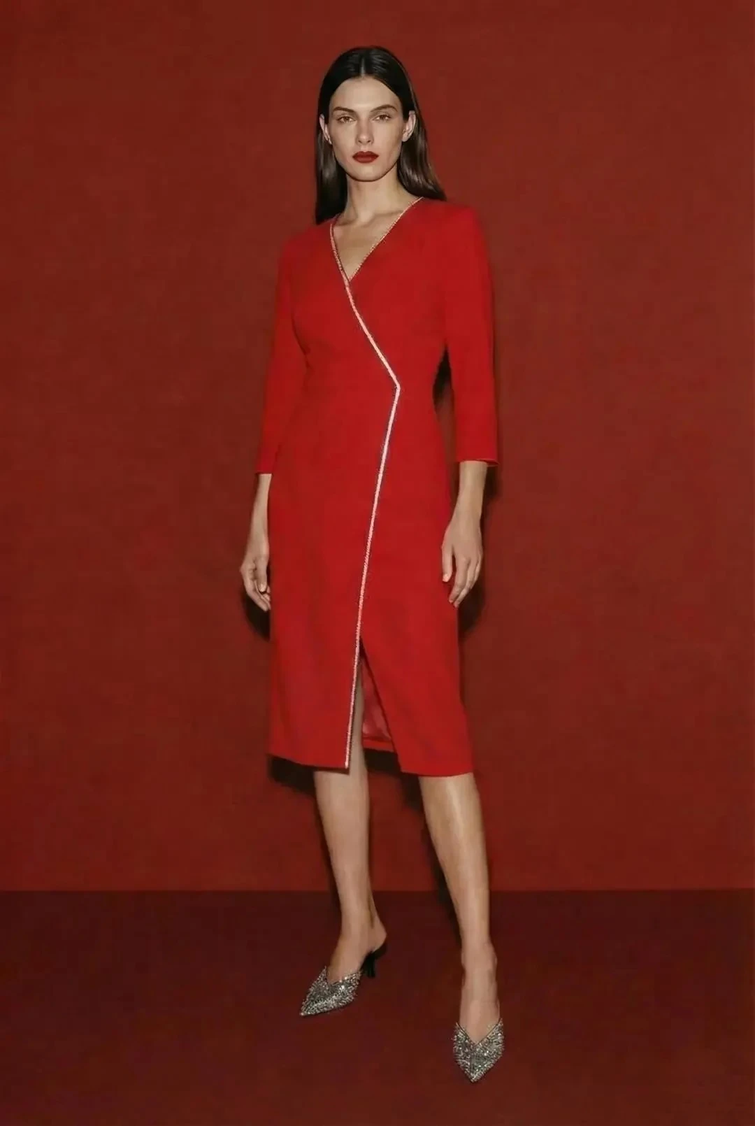 Elena Taş Detaylı Kruvaze Kırmızı Elbise