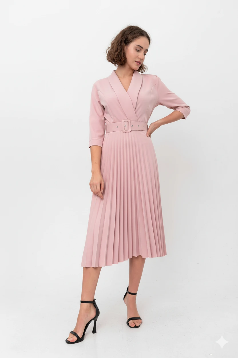 Kruvaze Yakalı Truvakar Kol Kloş Elbise