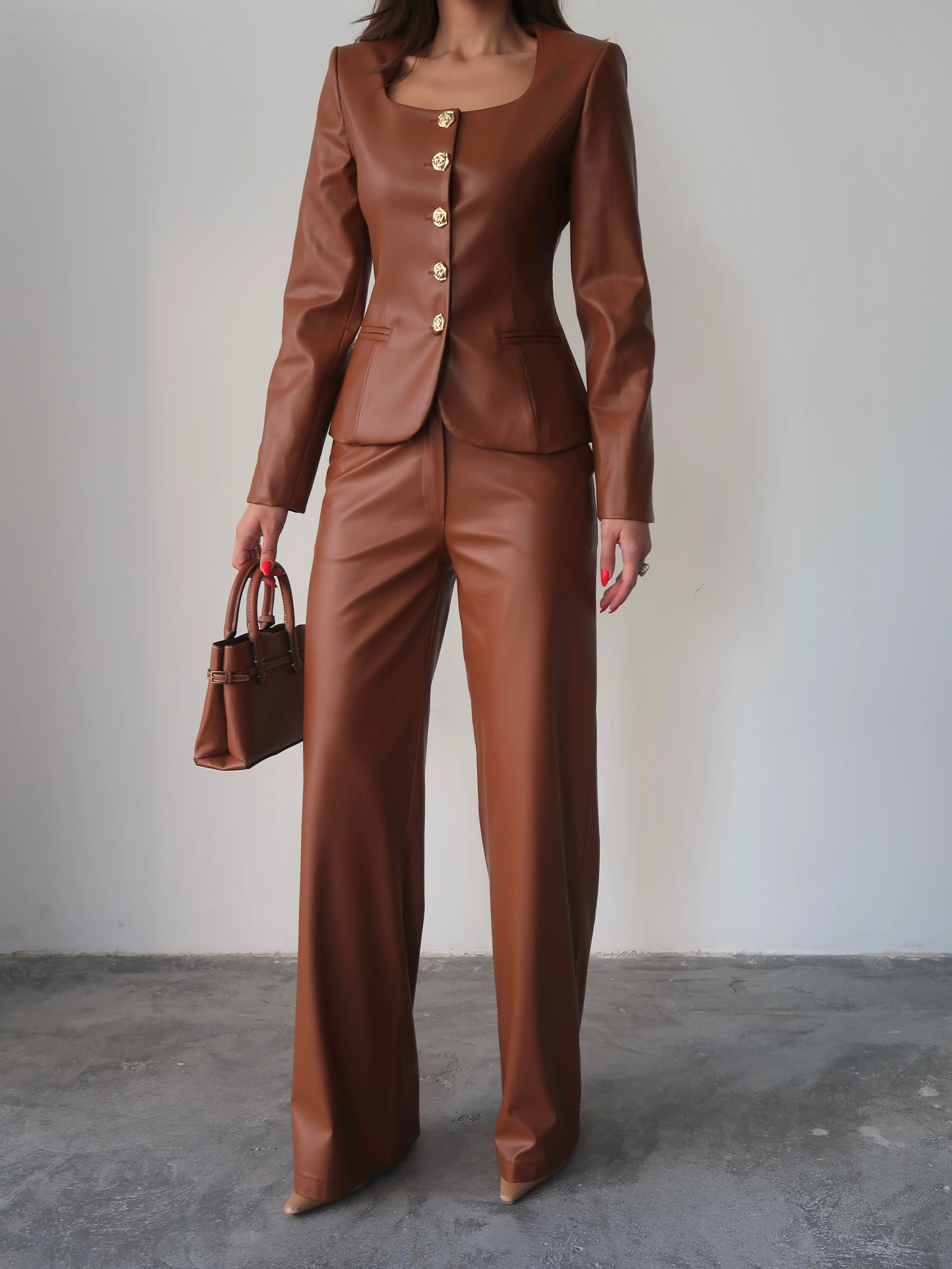 Jane Button Leather Tailored Suit Kahverengi