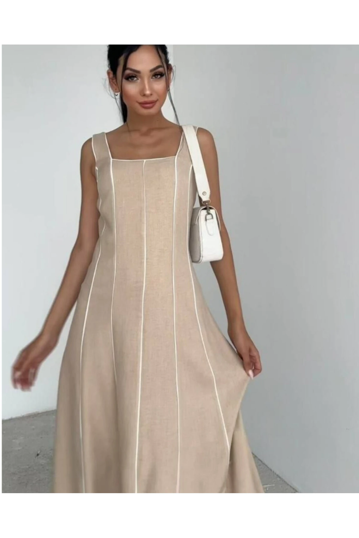 Kadın Biye Detaylı Astarlı Keten Elbise