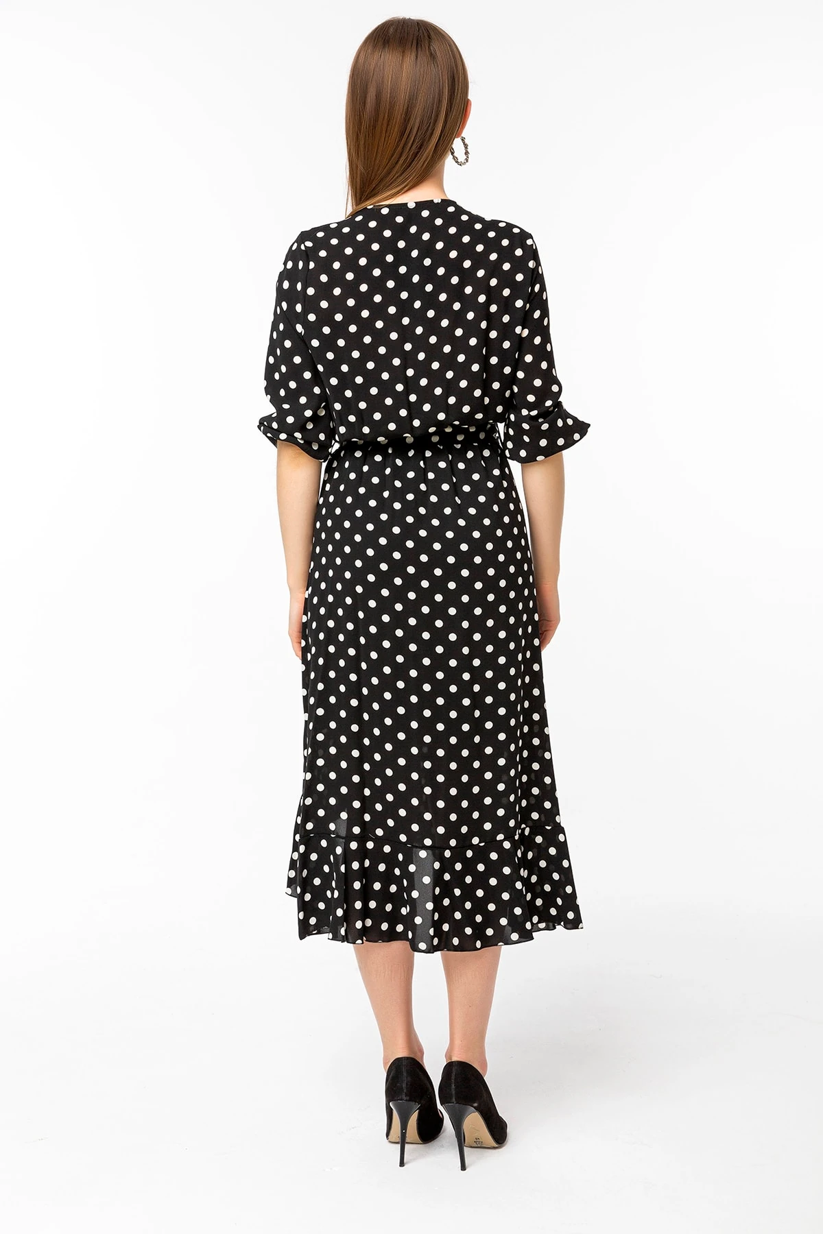 Puantiyeli Kuşaklı Siyah Elbise