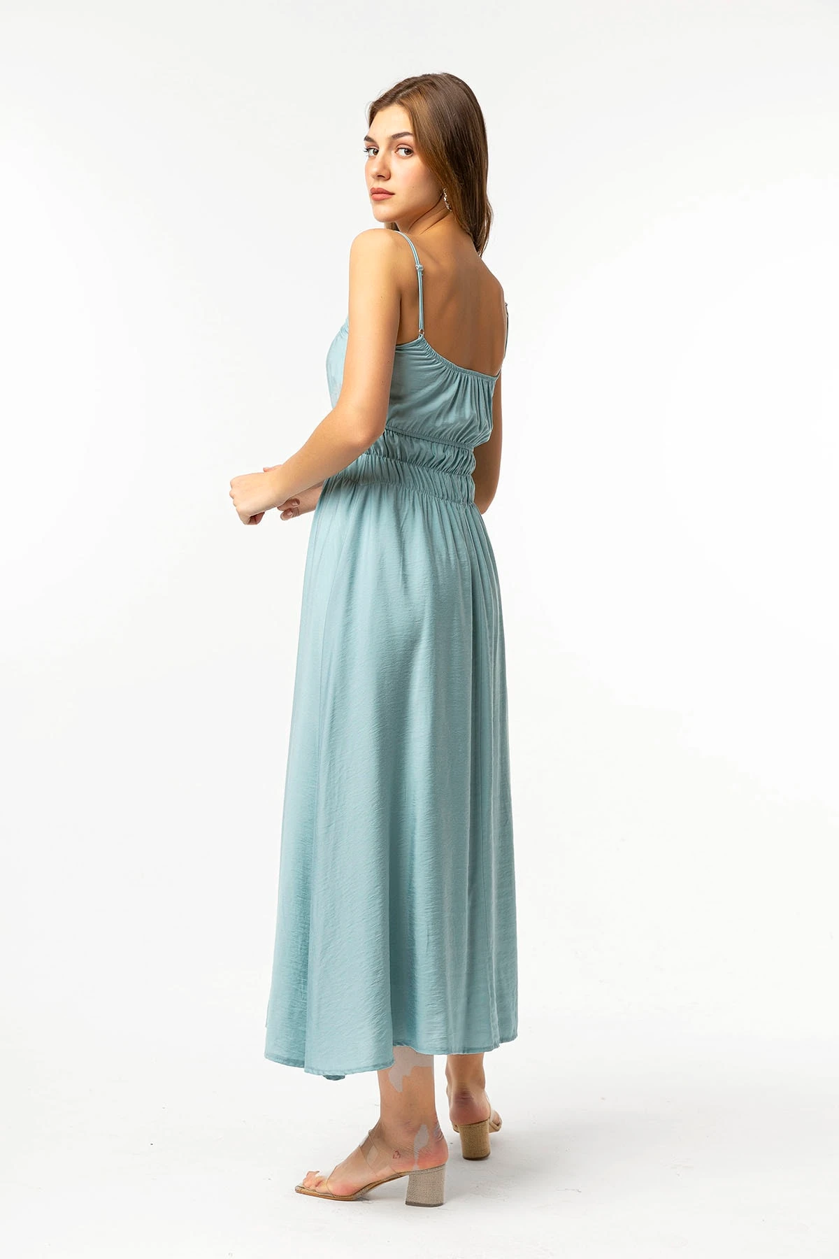 Beli Büzgülü Askılı Mavi Elbise