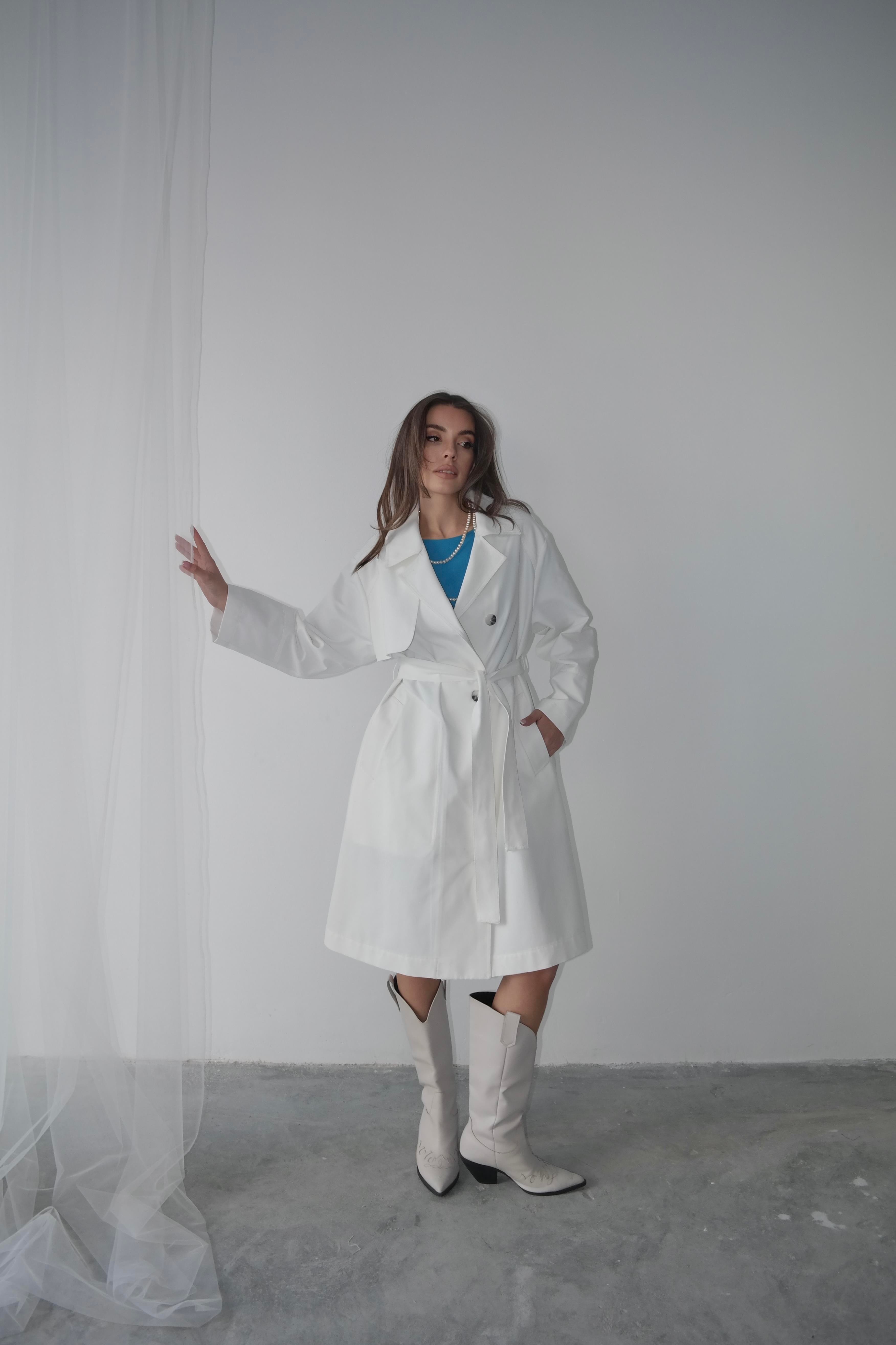Gabardin Düğmeli Trençkot Beyaz