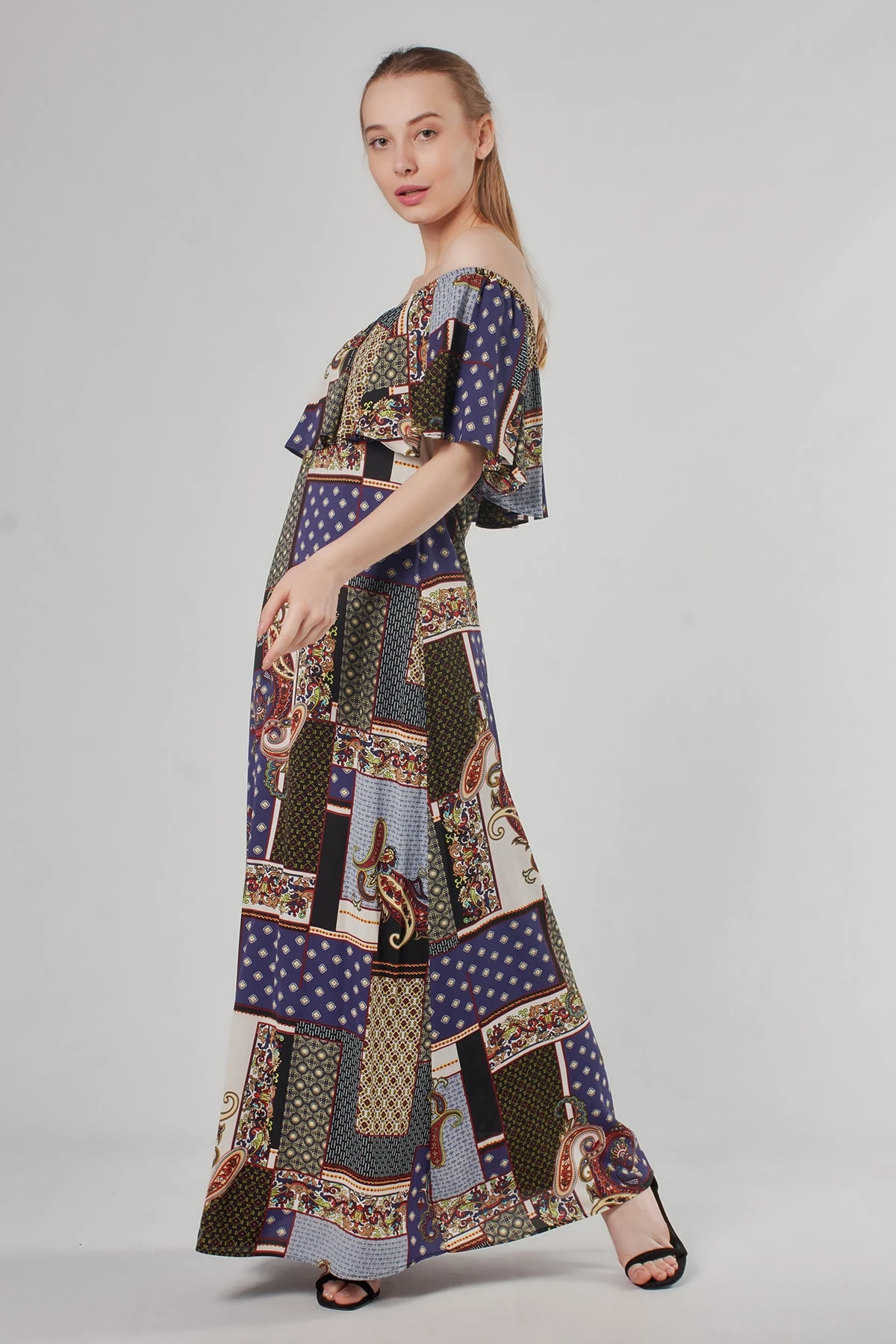 Etnik Desenli Lacivert Uzun Elbise