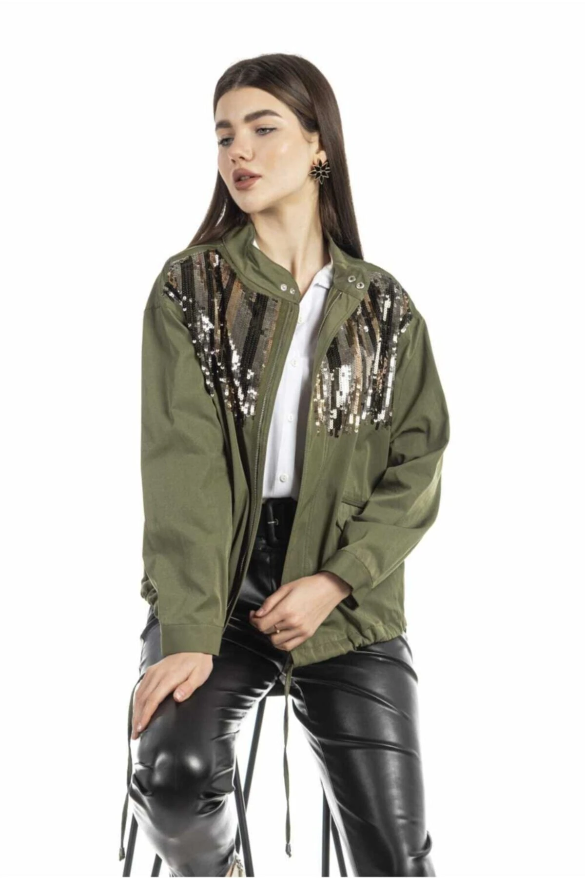 Kadın Haki Payetli Yağmurluk