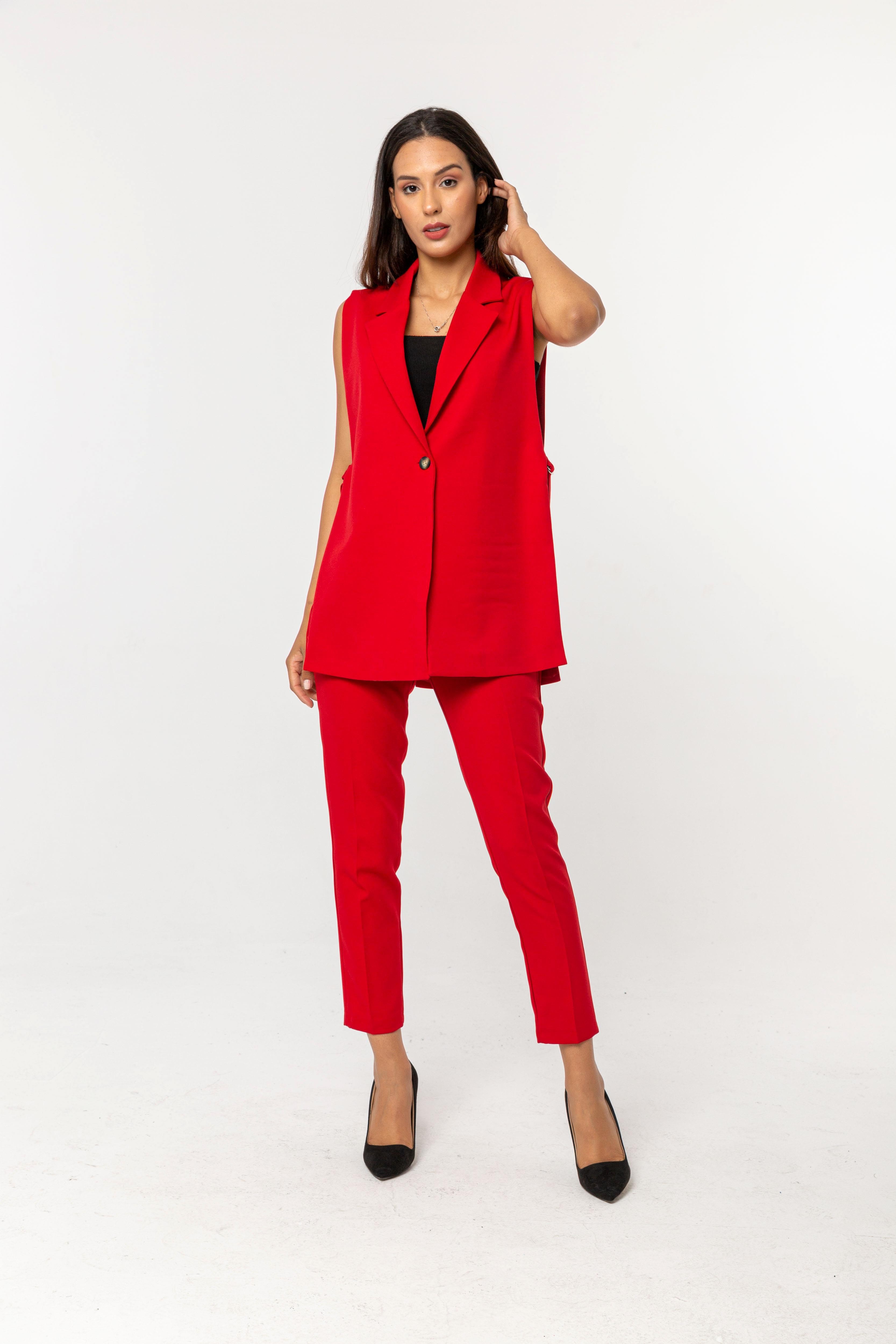 Modern Elegance Kemerli Kırmızı Pantolon