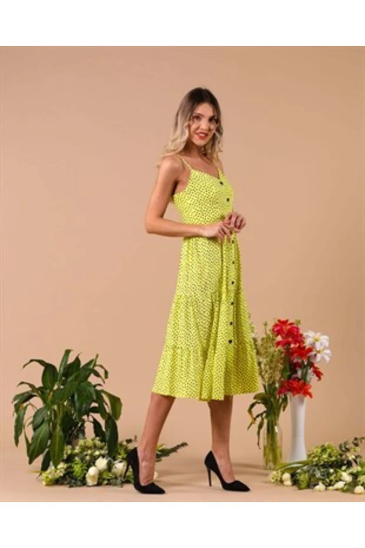 Puantiyeli Sarı Midi Boy Askılı Gömlek Elbise