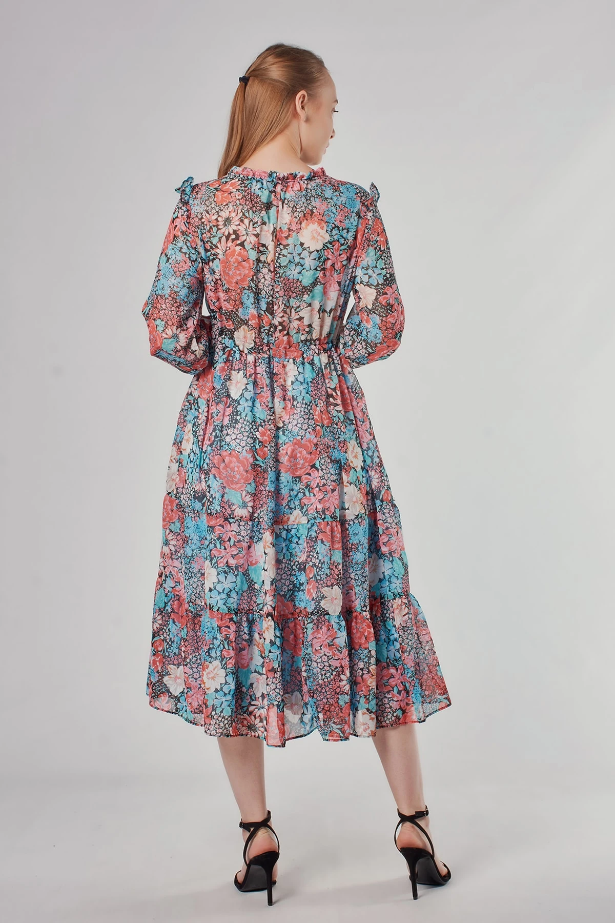 Kadın Mavi Çiçek Desenli Elbise