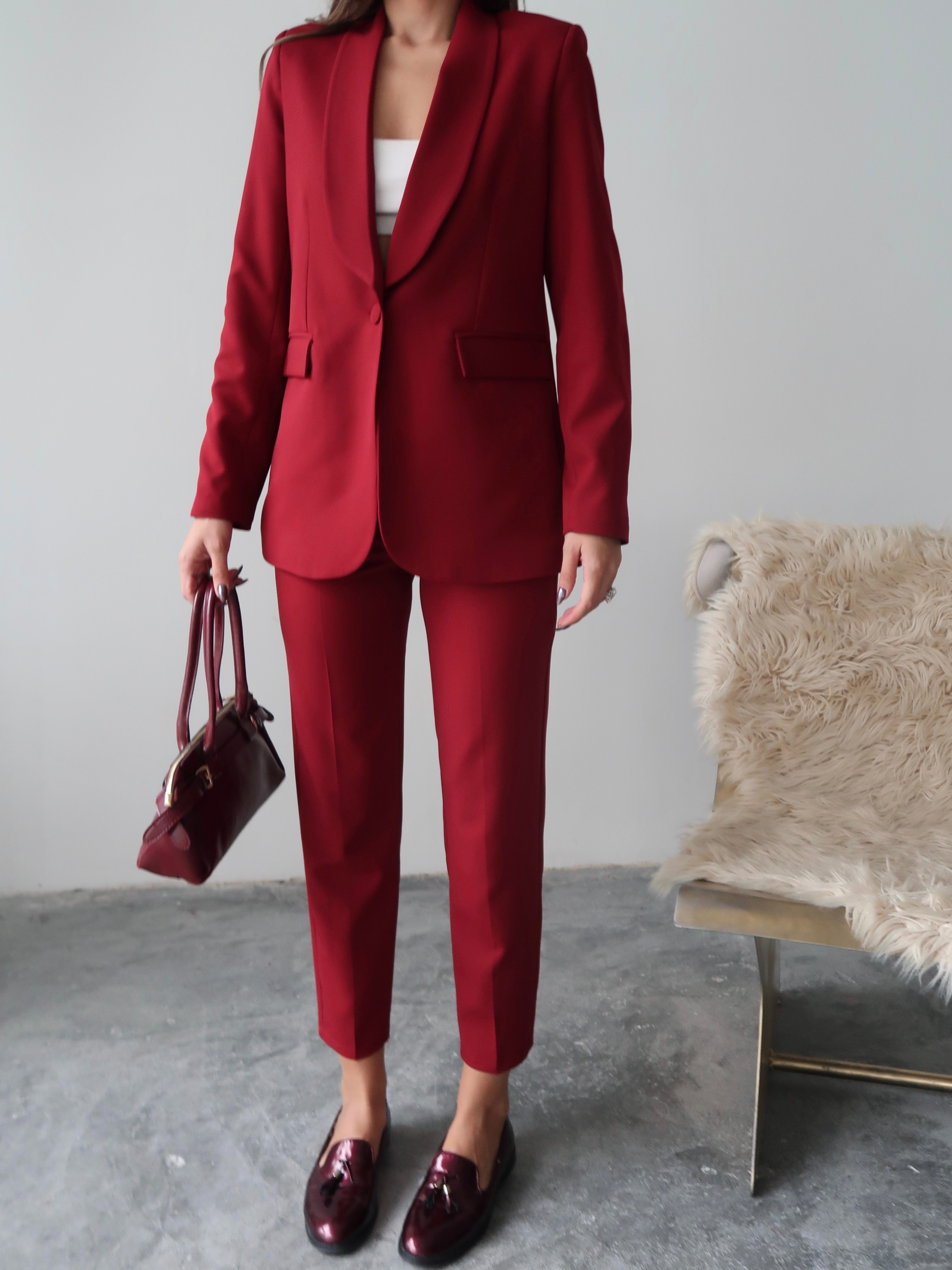 Bordo Klasik Blazer Ceket ve Kumaş Pantolon Takım