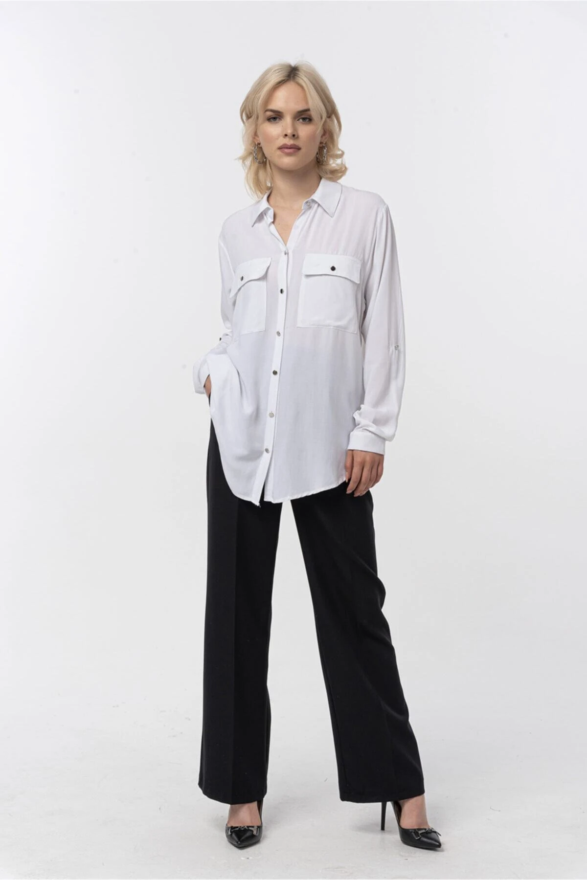Çift Cepli Beyaz Boyfriend Kadın Gömlek