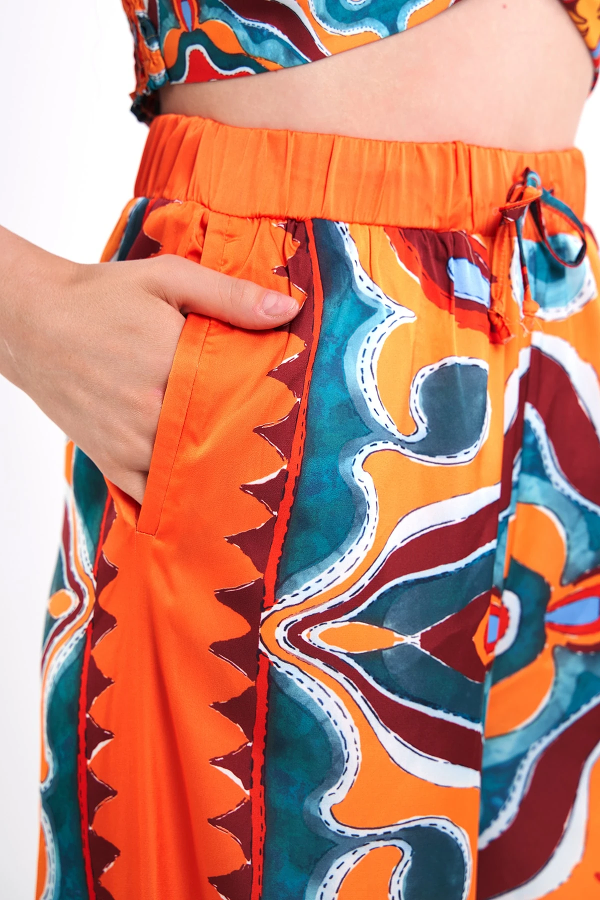 DESENLİ KISA KOLU BLUZ PANTOLON ORANJ TAKIM