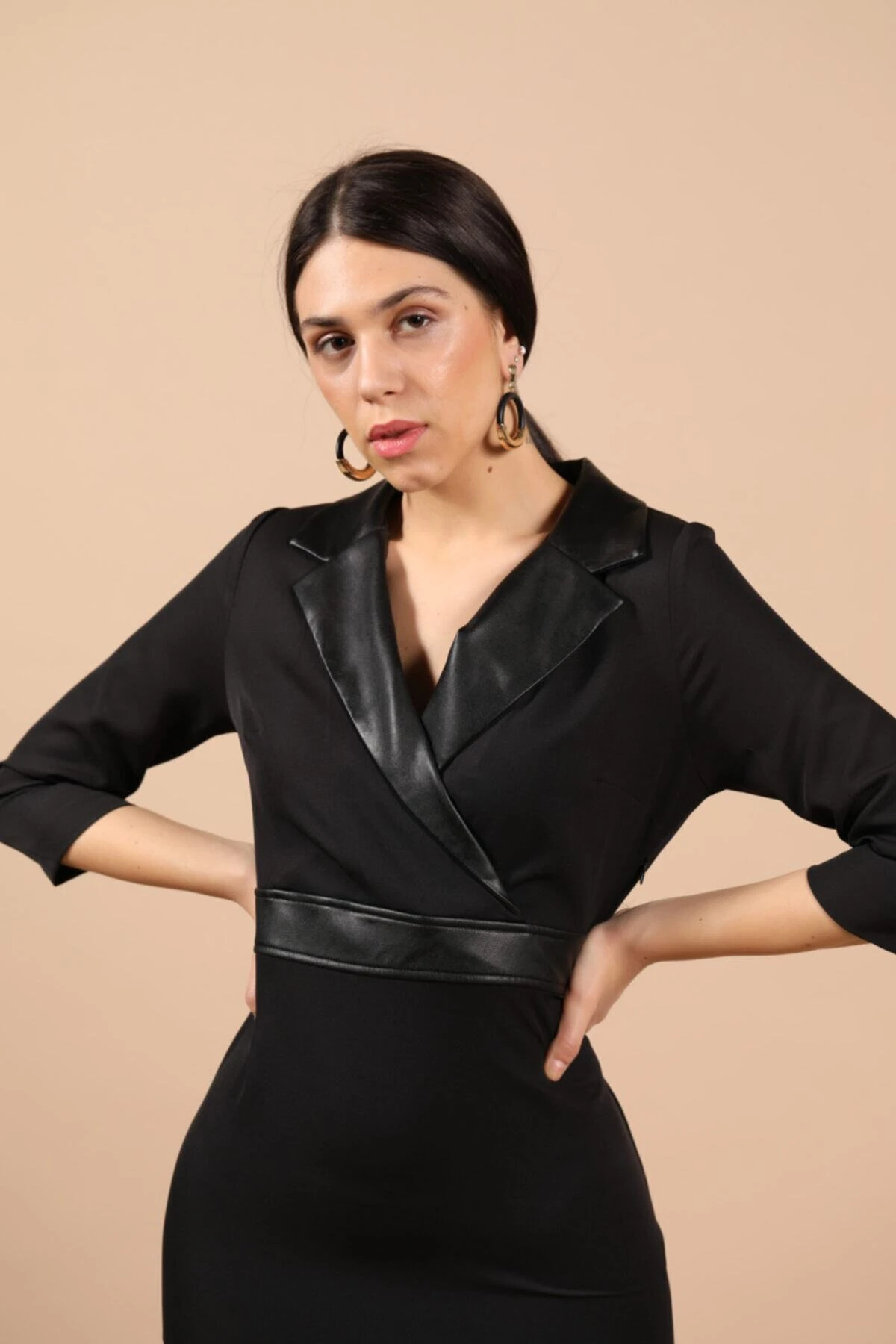 Kadın Siyah Deri Kombinli Elbise