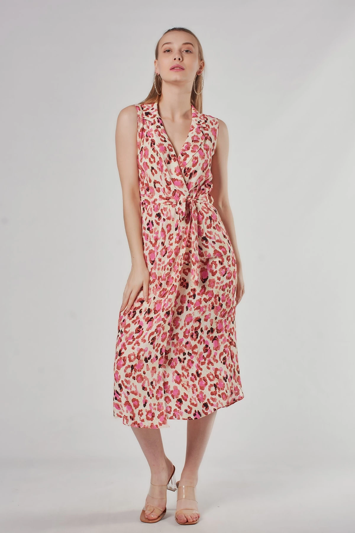 Kruvaze Yaka Pembe Leopar Desenli Anvelop Elbise