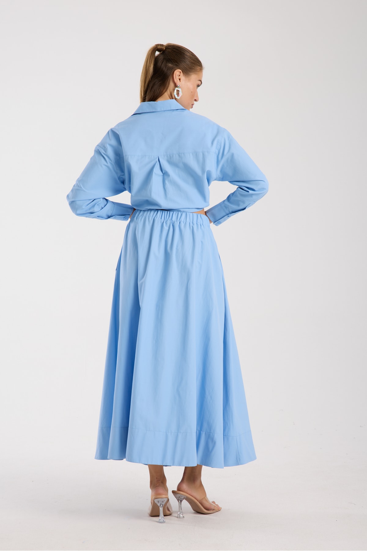 Poplin Kloş Etek ve Oversize Gömlek Ekru