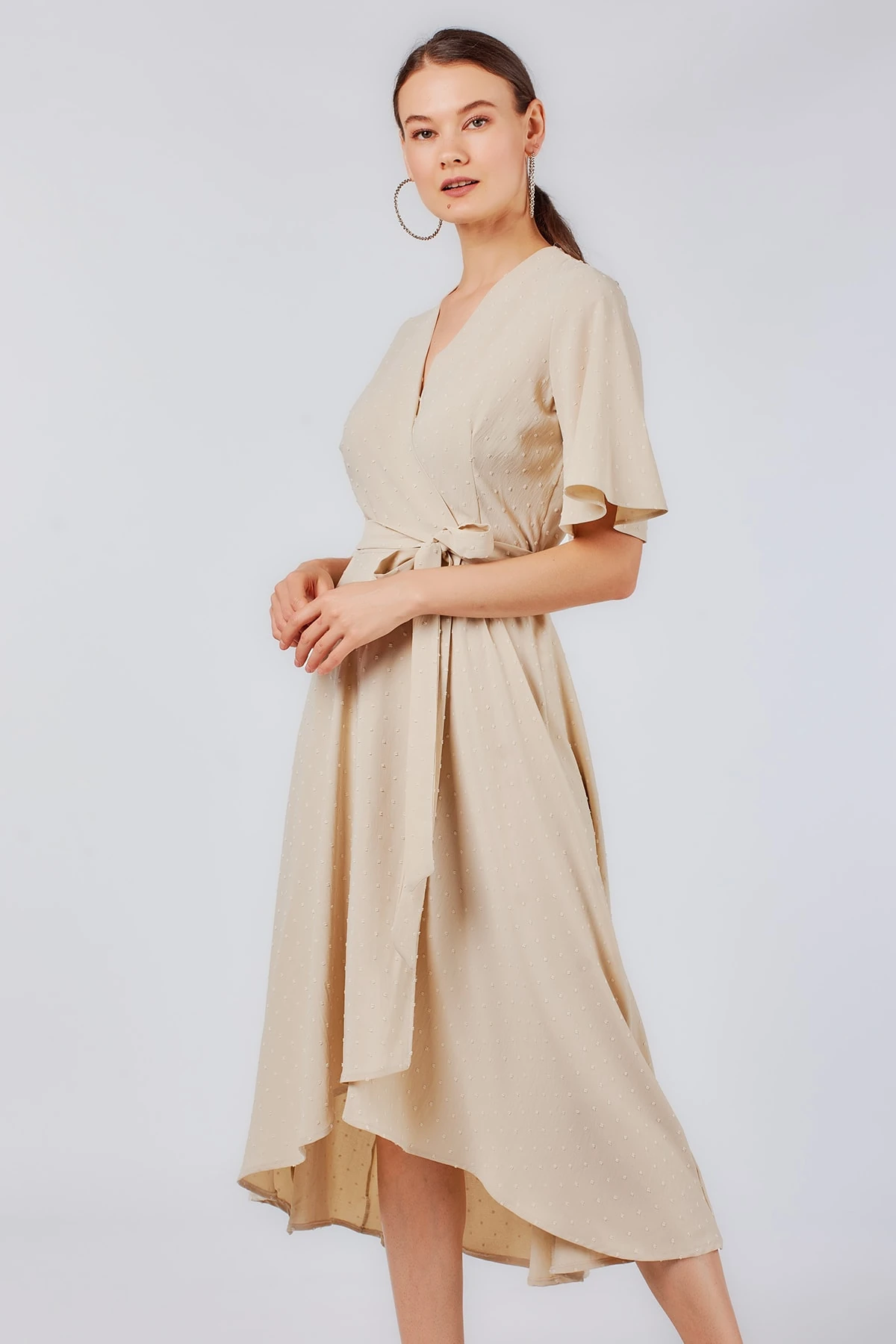 Kruvaze Midi Boy Bej Elbise