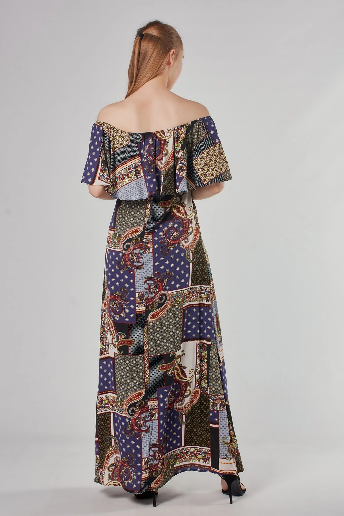 Etnik Desenli Lacivert Uzun Elbise