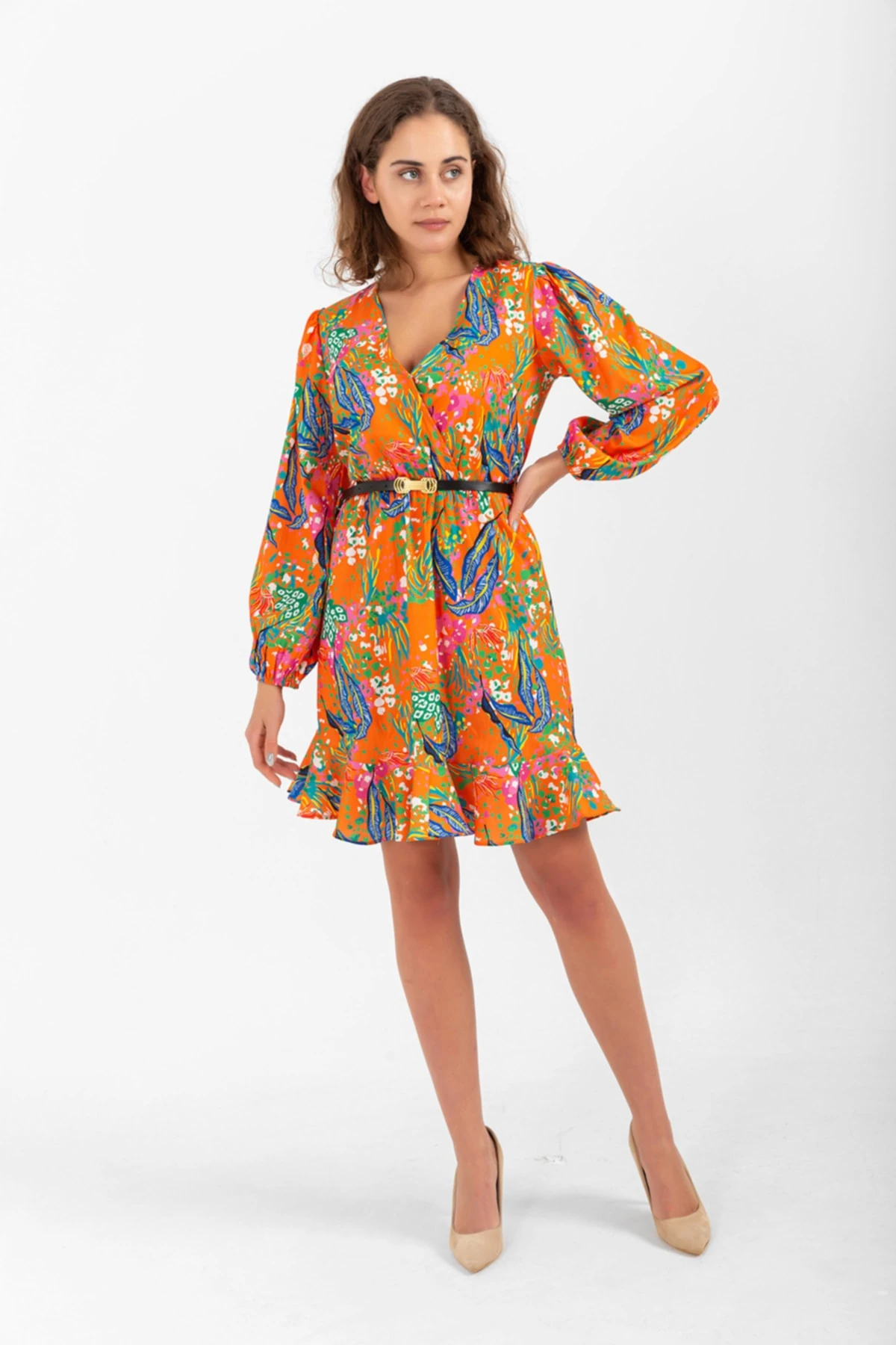 Desenli Kemerli Elbise