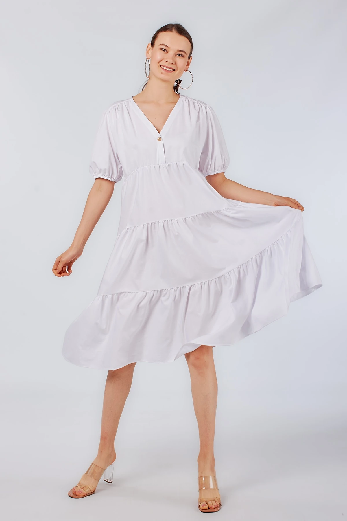 V Yaka Beyaz Midi Boy Elbise