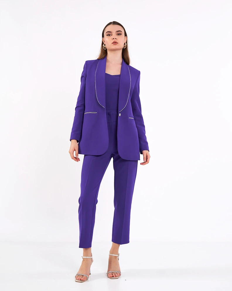 Yüksek Bel Sahte Cepli Mor Pantolon