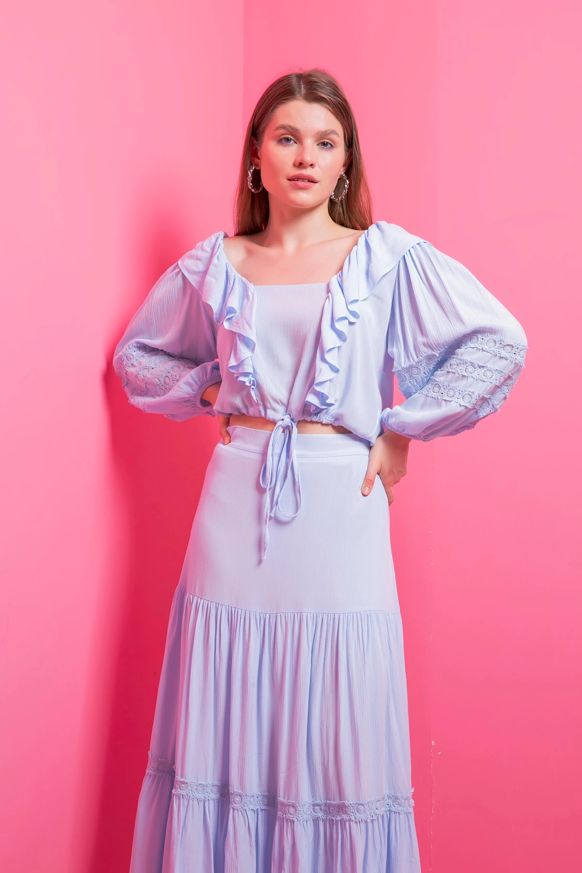 Dantel Detaylı Bluz Etek Mavi Takım