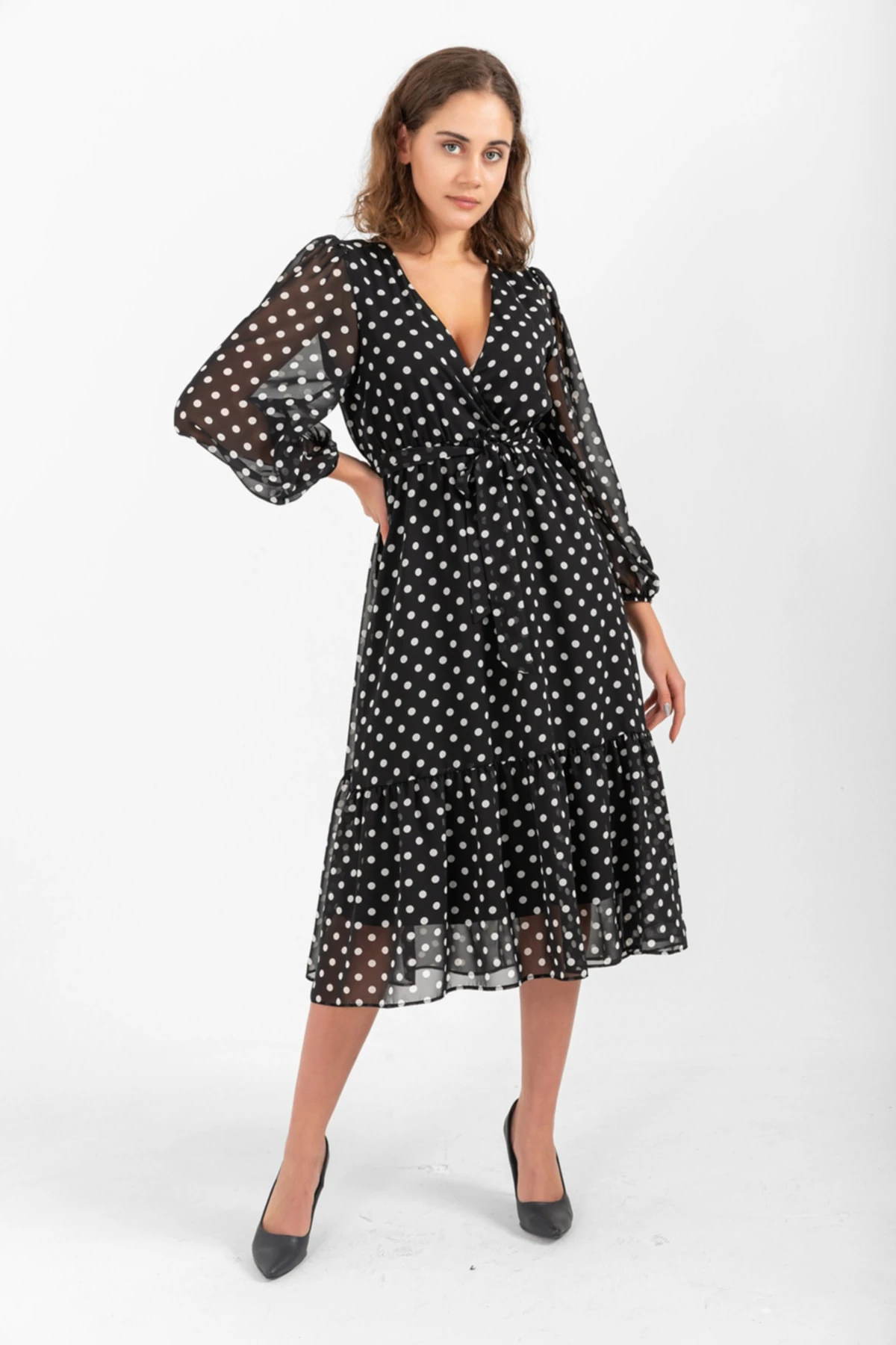 Puantiye Desenli Şifon Elbise